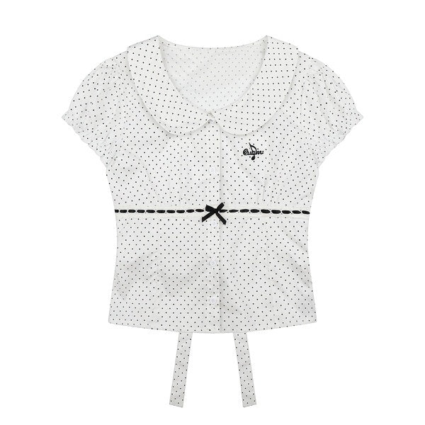 PoopyLii_Polka_Dot_Peter_Pan_Collar_Tie_Waist_Puff_Sleeve_Women's_Cotton_Slim_T-shirts_1056348782976_MISSTT