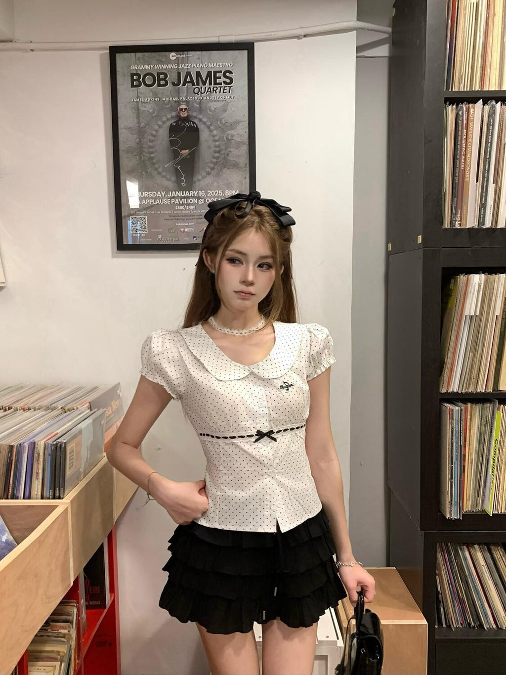 PoopyLii Polka Dot Peter Pan Collar Tie Waist Puff Sleeve Women's Cotton Slim T-shirts