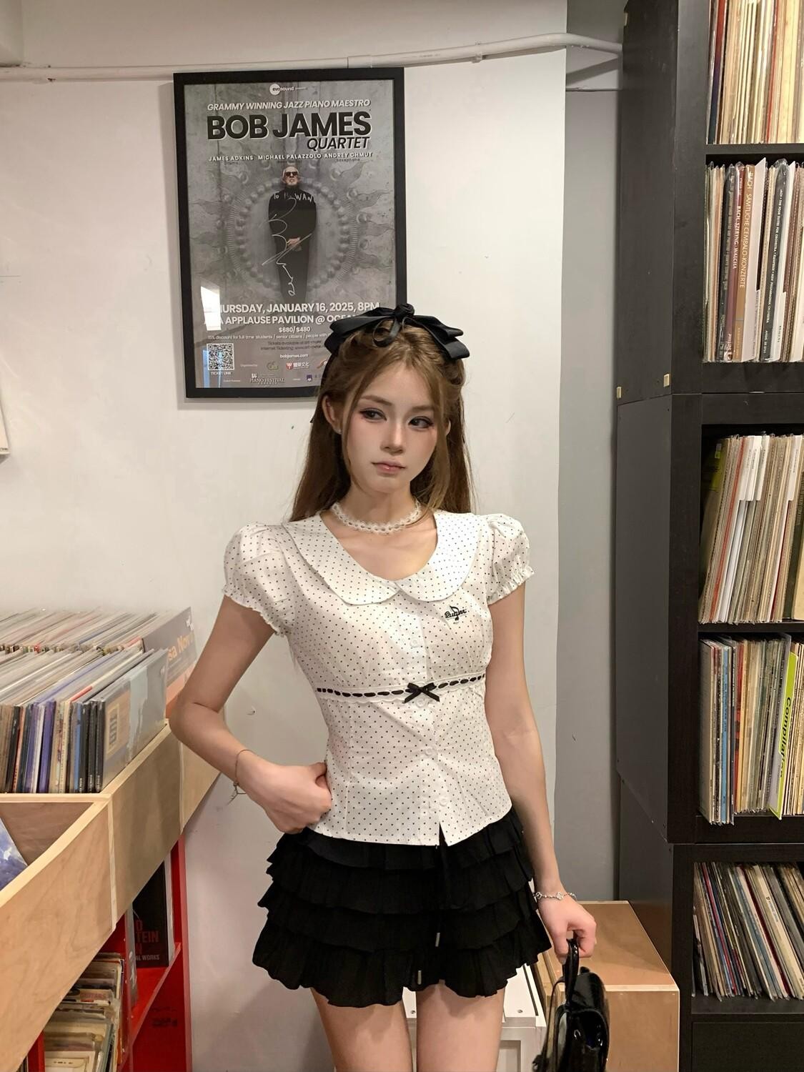 PoopyLii Polka Dot Peter Pan Collar Tie Waist Puff Sleeve Women's Cotton Slim T-shirts