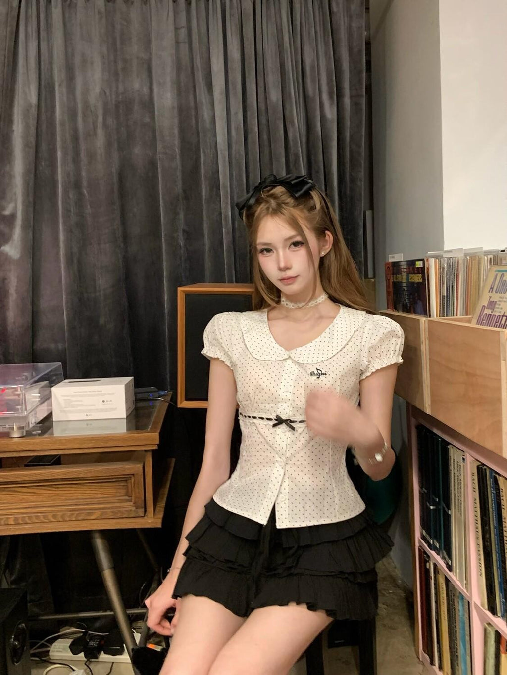PoopyLii Polka Dot Peter Pan Collar Tie Waist Puff Sleeve Women's Cotton Slim T-shirts