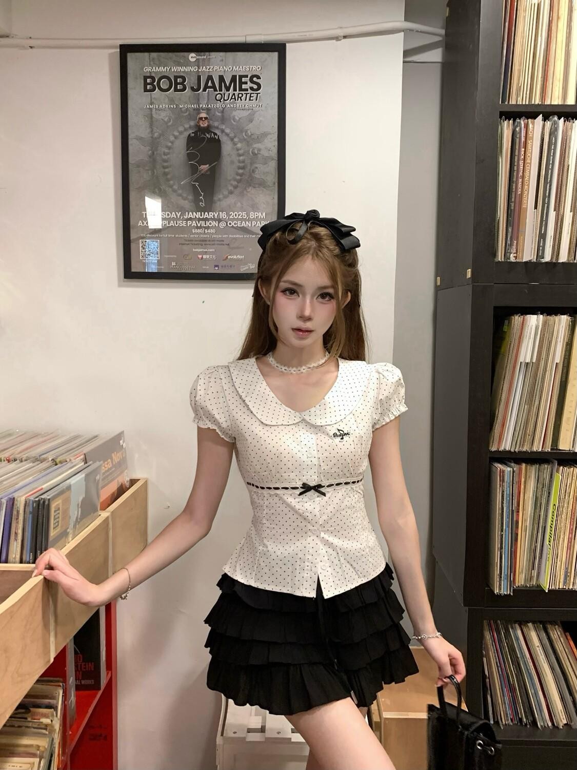 PoopyLii Polka Dot Peter Pan Collar Tie Waist Puff Sleeve Women's Cotton Slim T-shirts