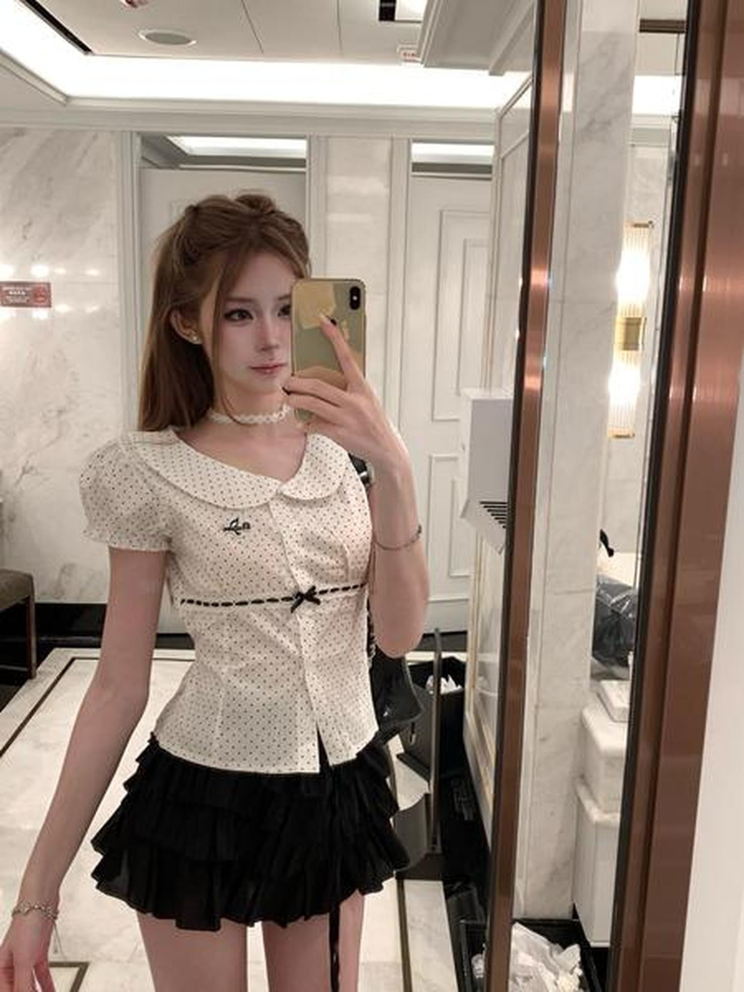 PoopyLii Polka Dot Peter Pan Collar Tie Waist Puff Sleeve Women's Cotton Slim T-shirts