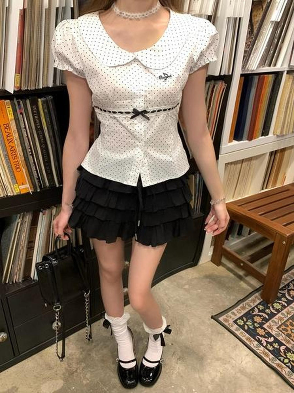 PoopyLii Polka Dot Peter Pan Collar Tie Waist Puff Sleeve Women's Cotton Slim T-shirts