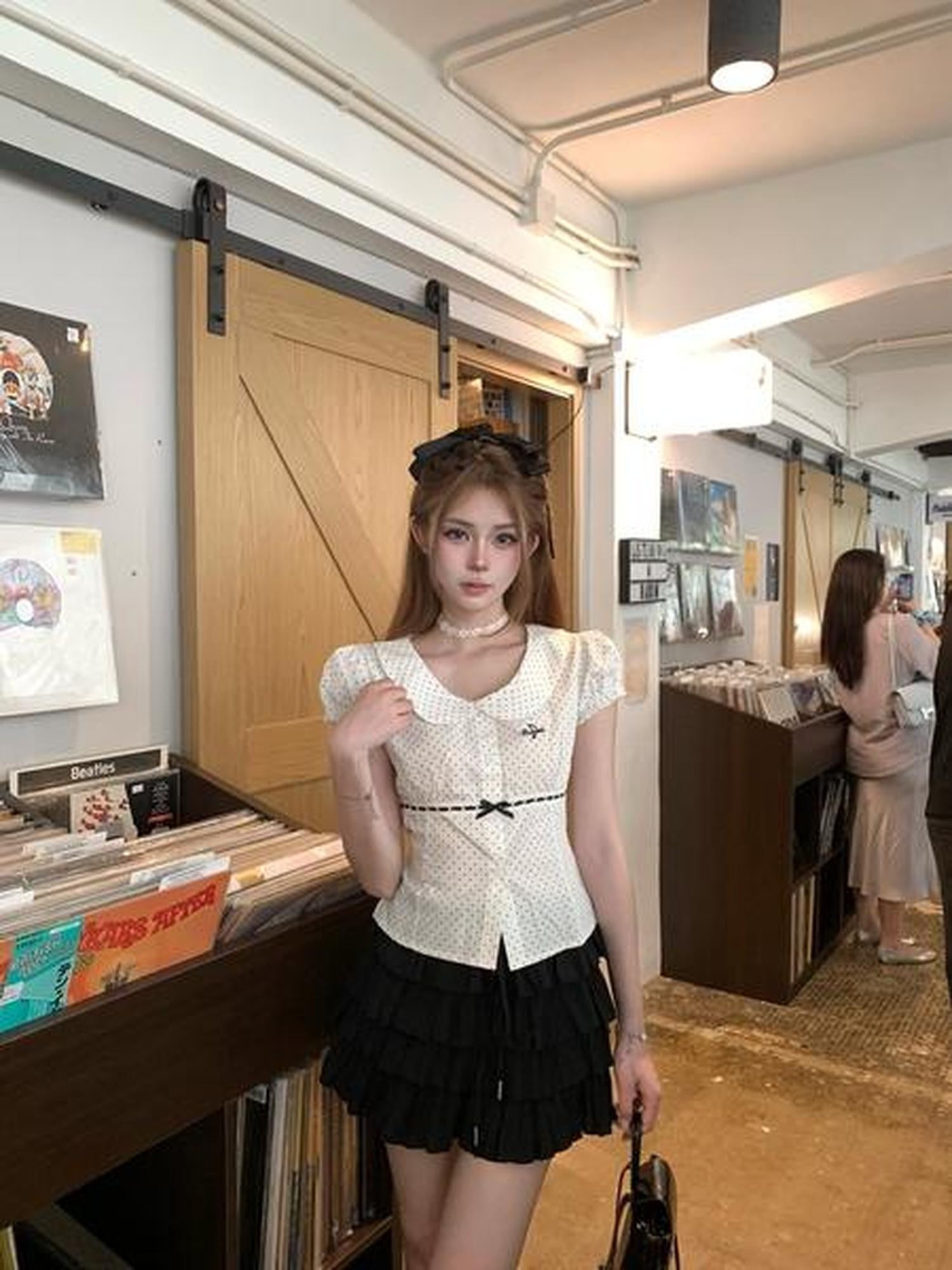PoopyLii Polka Dot Peter Pan Collar Tie Waist Puff Sleeve Women's Cotton Slim T-shirts