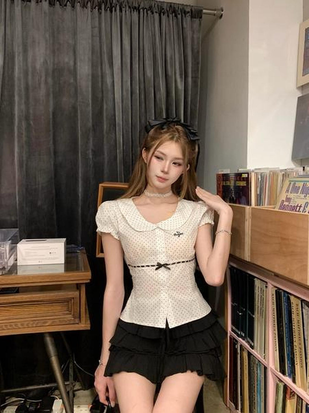 PoopyLii Polka Dot Peter Pan Collar Tie Waist Puff Sleeve Women's Cotton Slim T-shirts