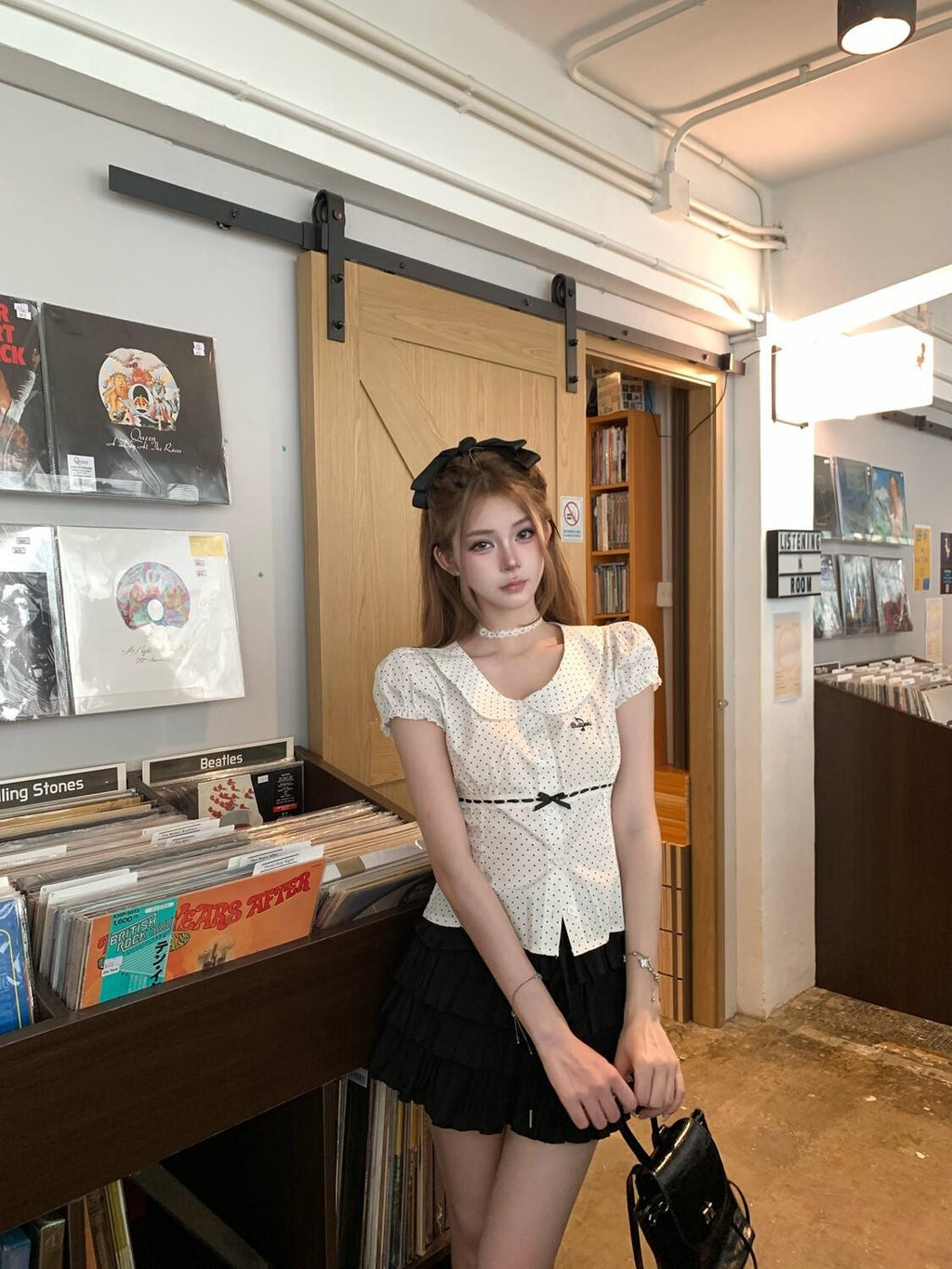PoopyLii Polka Dot Peter Pan Collar Tie Waist Puff Sleeve Women's Cotton Slim T-shirts