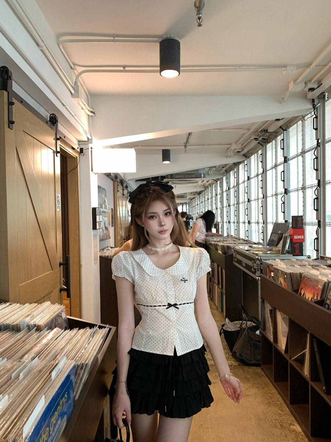 PoopyLii Polka Dot Peter Pan Collar Tie Waist Puff Sleeve Women's Cotton Slim T-shirts