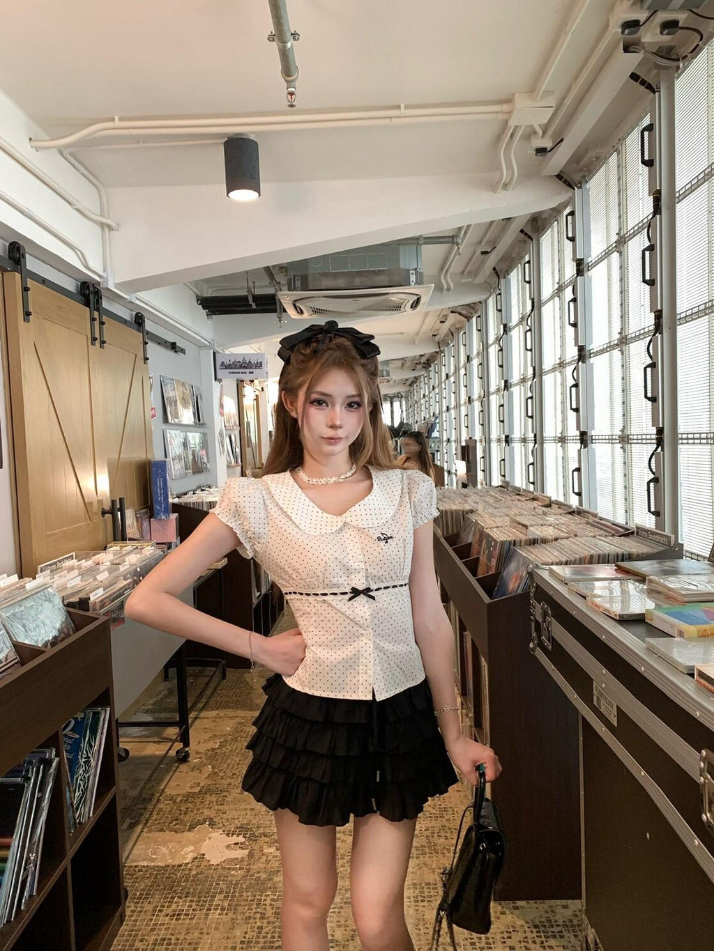 PoopyLii Polka Dot Peter Pan Collar Tie Waist Puff Sleeve Women's Cotton Slim T-shirts