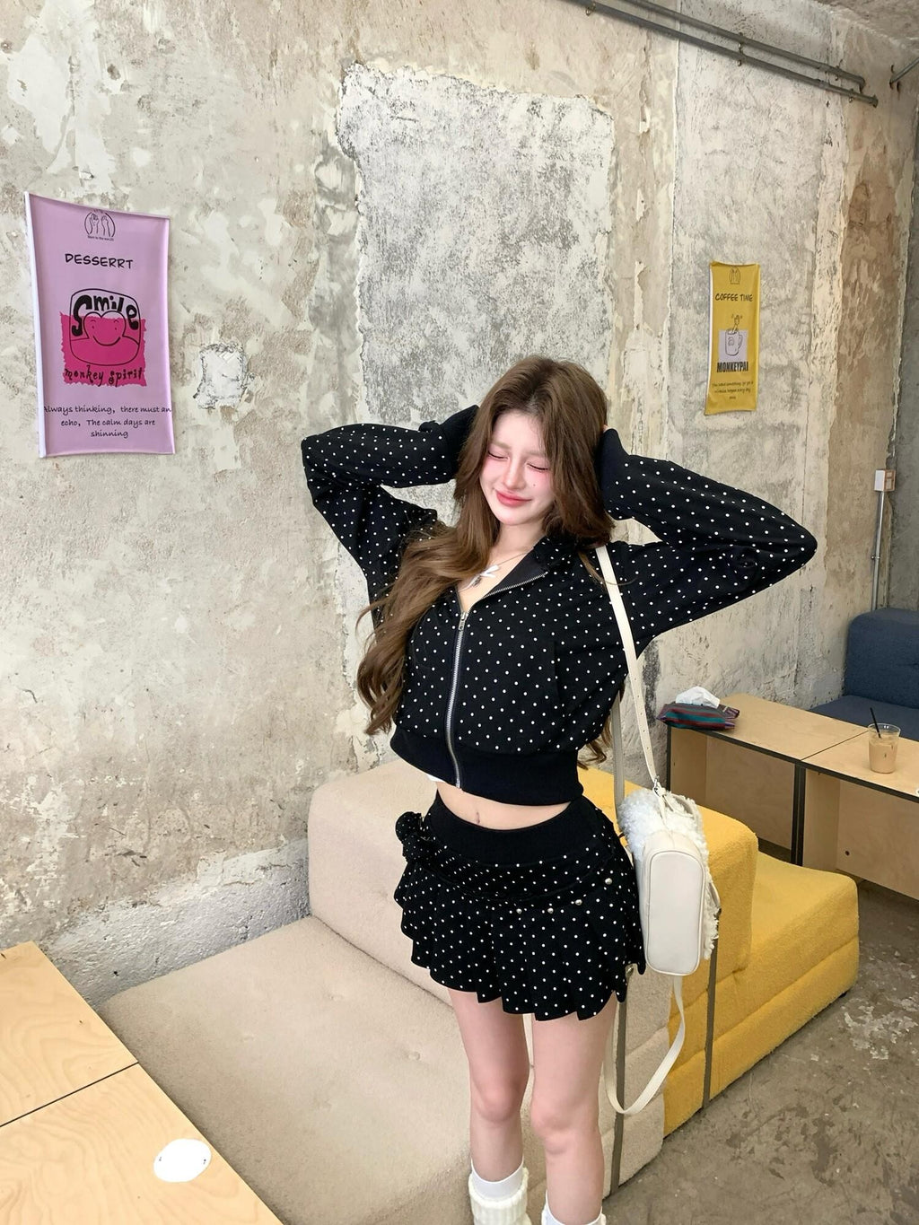 PoopyLii Polka Dot Pleated A Line Set Women's Polyester Cotton Zip-up Hoodies
