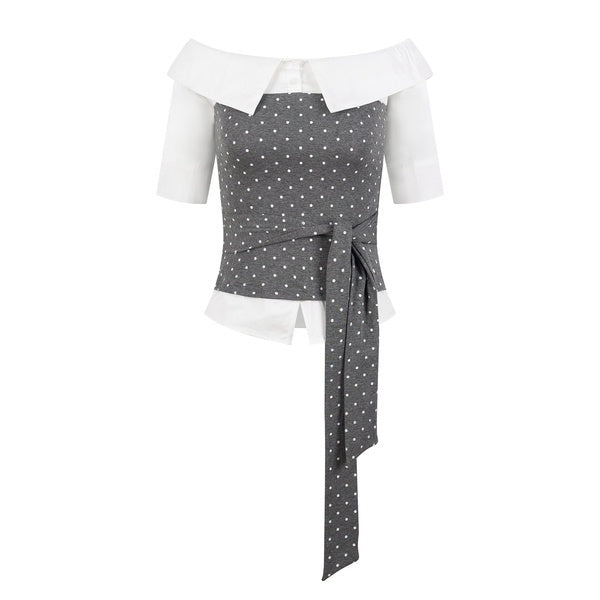 PoopyLii_Polka_Dot_Splicing_Tie_Waist_Women's_Cotton_Off-shoulder_T-shirts_1055326207662_MISSTT