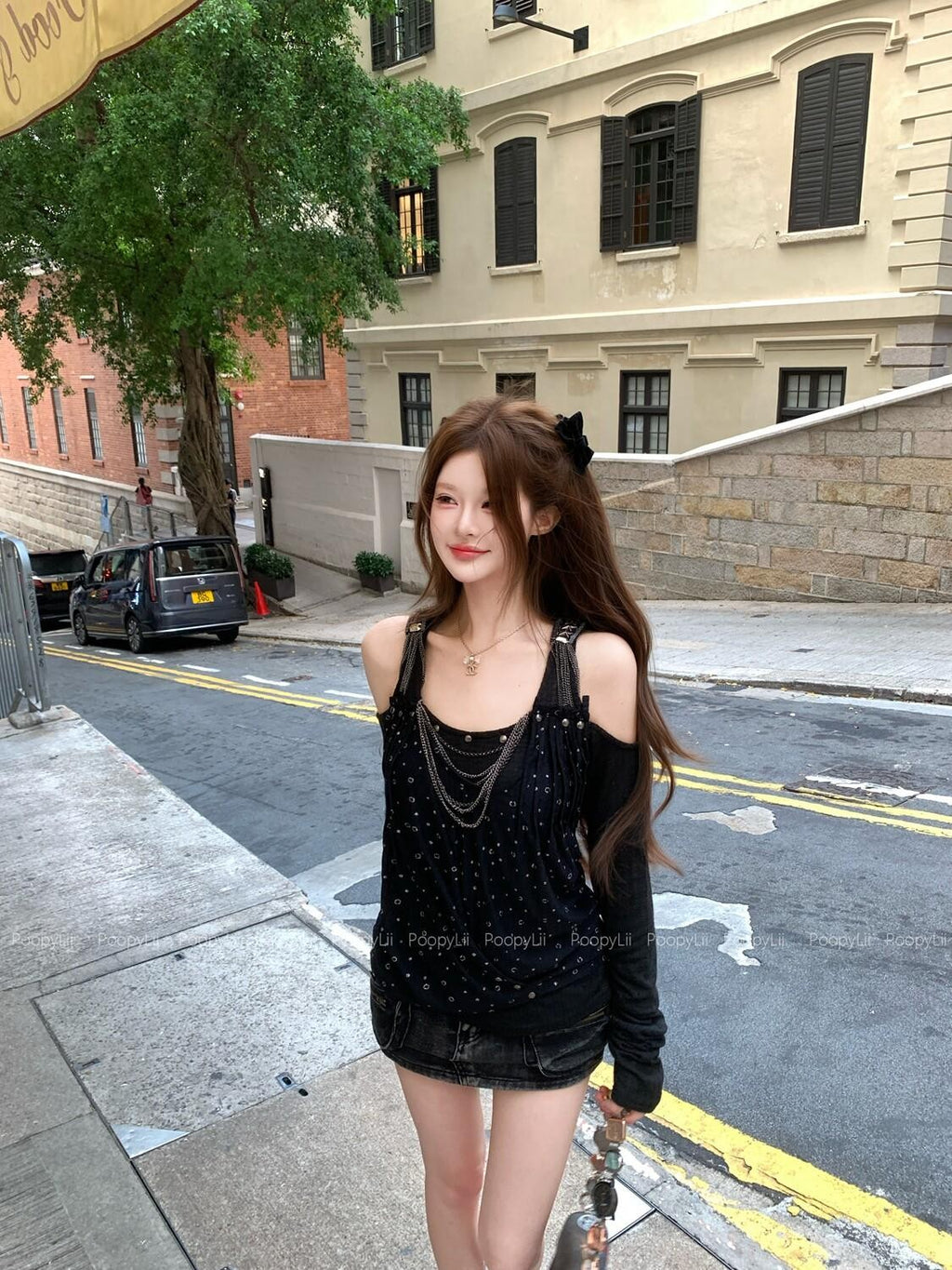 PoopyLii Polka Dot Starburst Halter Off Shoulder Chain Women's Long Sleeve T-shirts