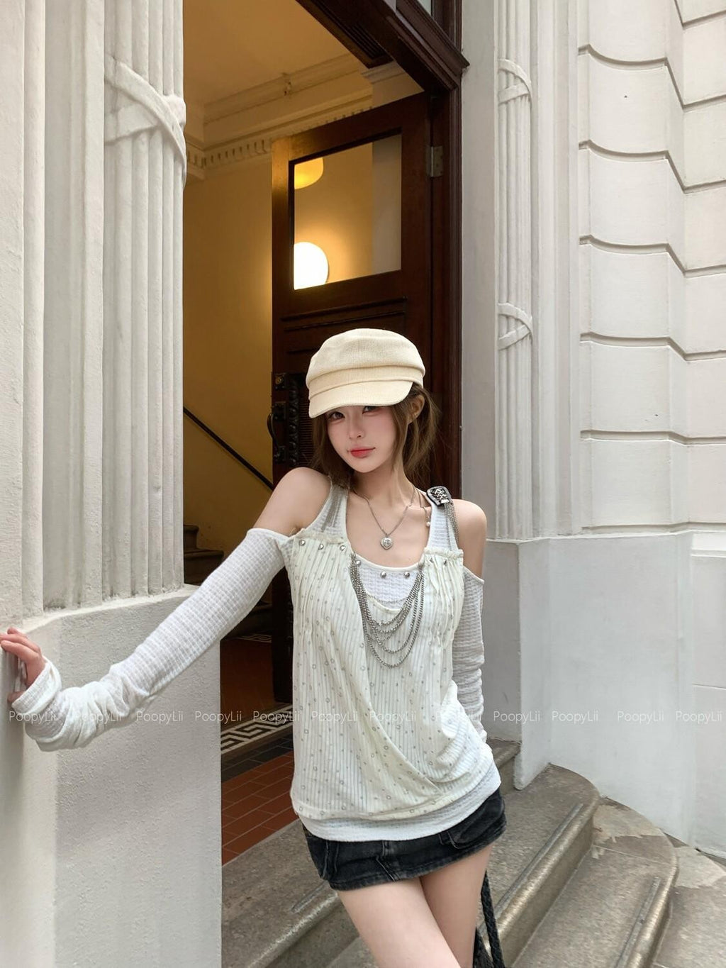 PoopyLii Polka Dot Starburst Halter Off Shoulder Chain Women's Long Sleeve T-shirts