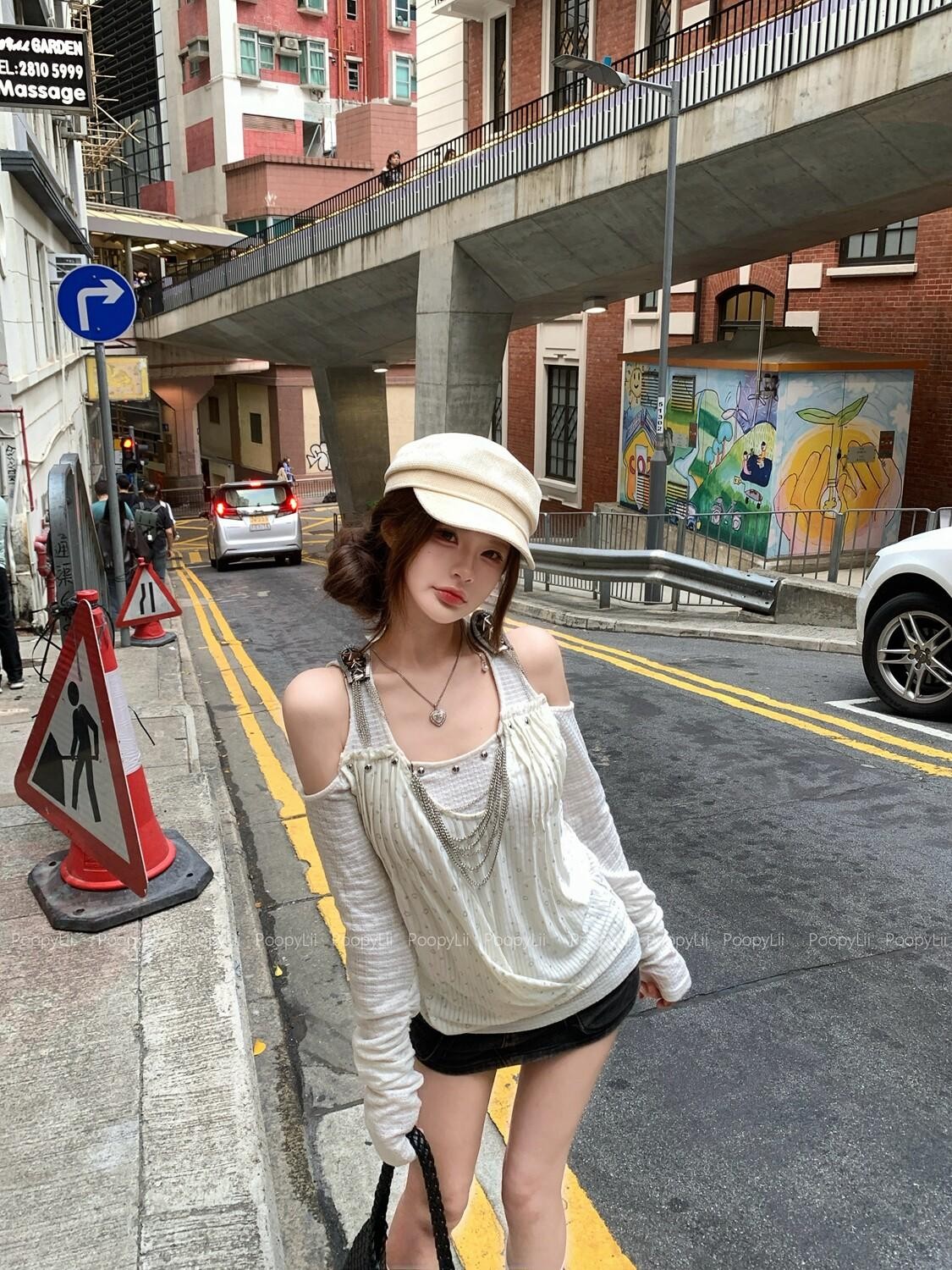 PoopyLii Polka Dot Starburst Halter Off Shoulder Chain Women's Long Sleeve T-shirts