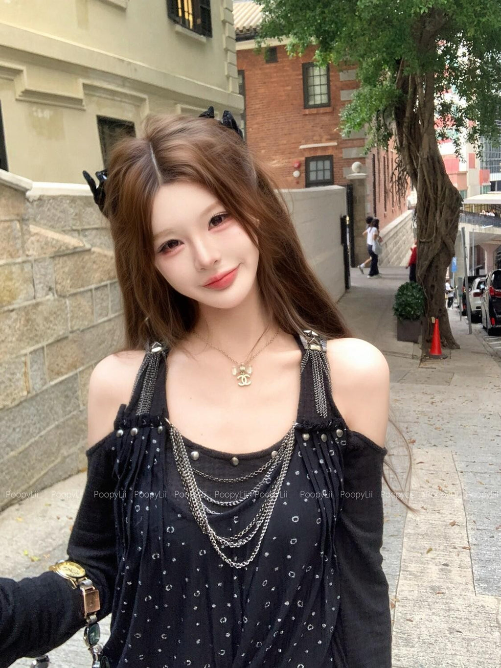 PoopyLii Polka Dot Starburst Halter Off Shoulder Chain Women's Long Sleeve T-shirts