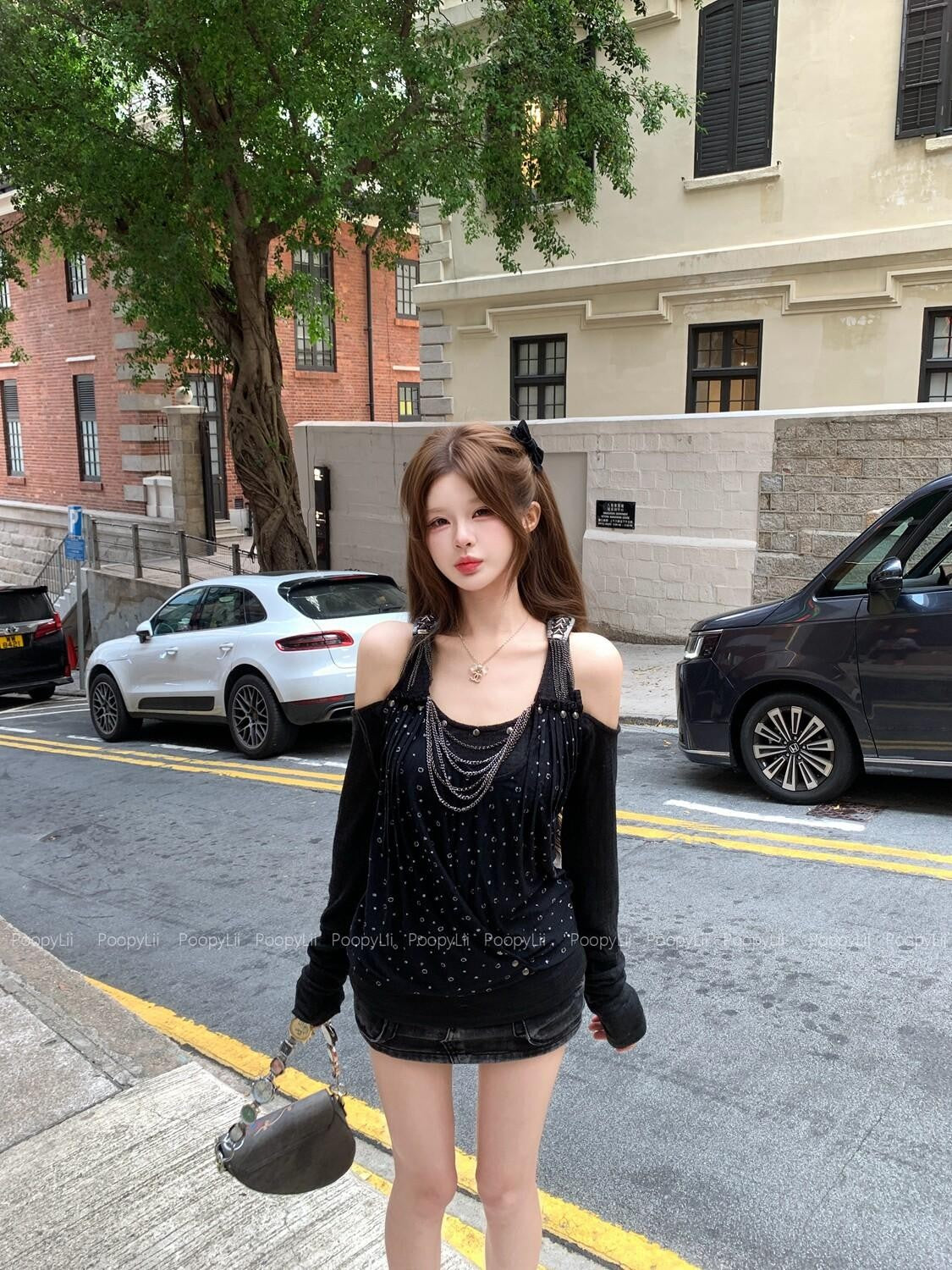 PoopyLii Polka Dot Starburst Halter Off Shoulder Chain Women's Long Sleeve T-shirts