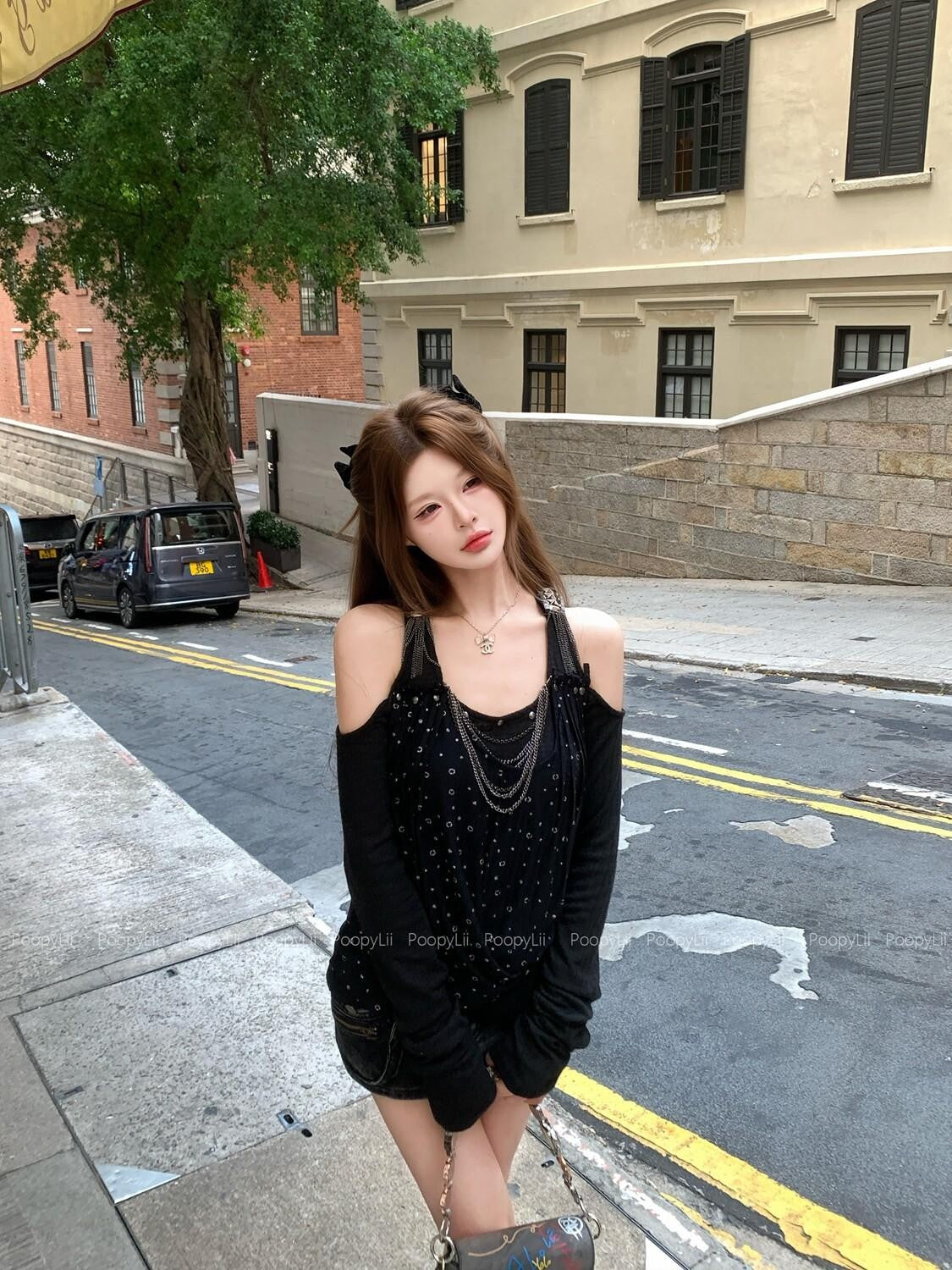 PoopyLii Polka Dot Starburst Halter Off Shoulder Chain Women's Long Sleeve T-shirts