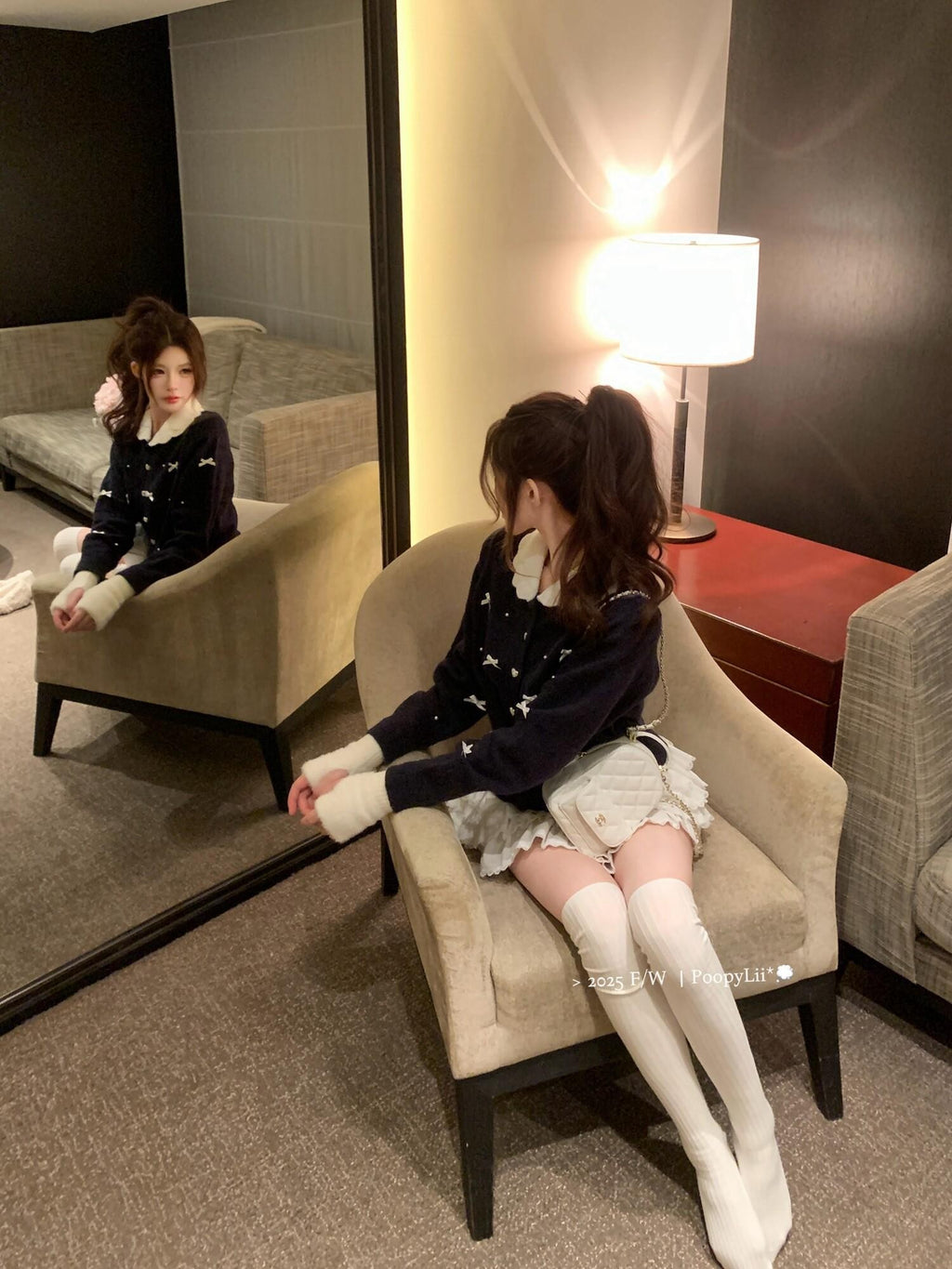 PoopyLii Princess Doll Collar Bow Knit Women's Acrylic Nylon Long Sleeve T-shirts