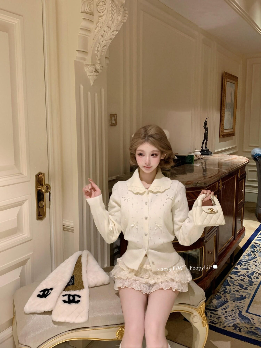 PoopyLii Princess Doll Collar Bow Knit Women's Acrylic Nylon Long Sleeve T-shirts