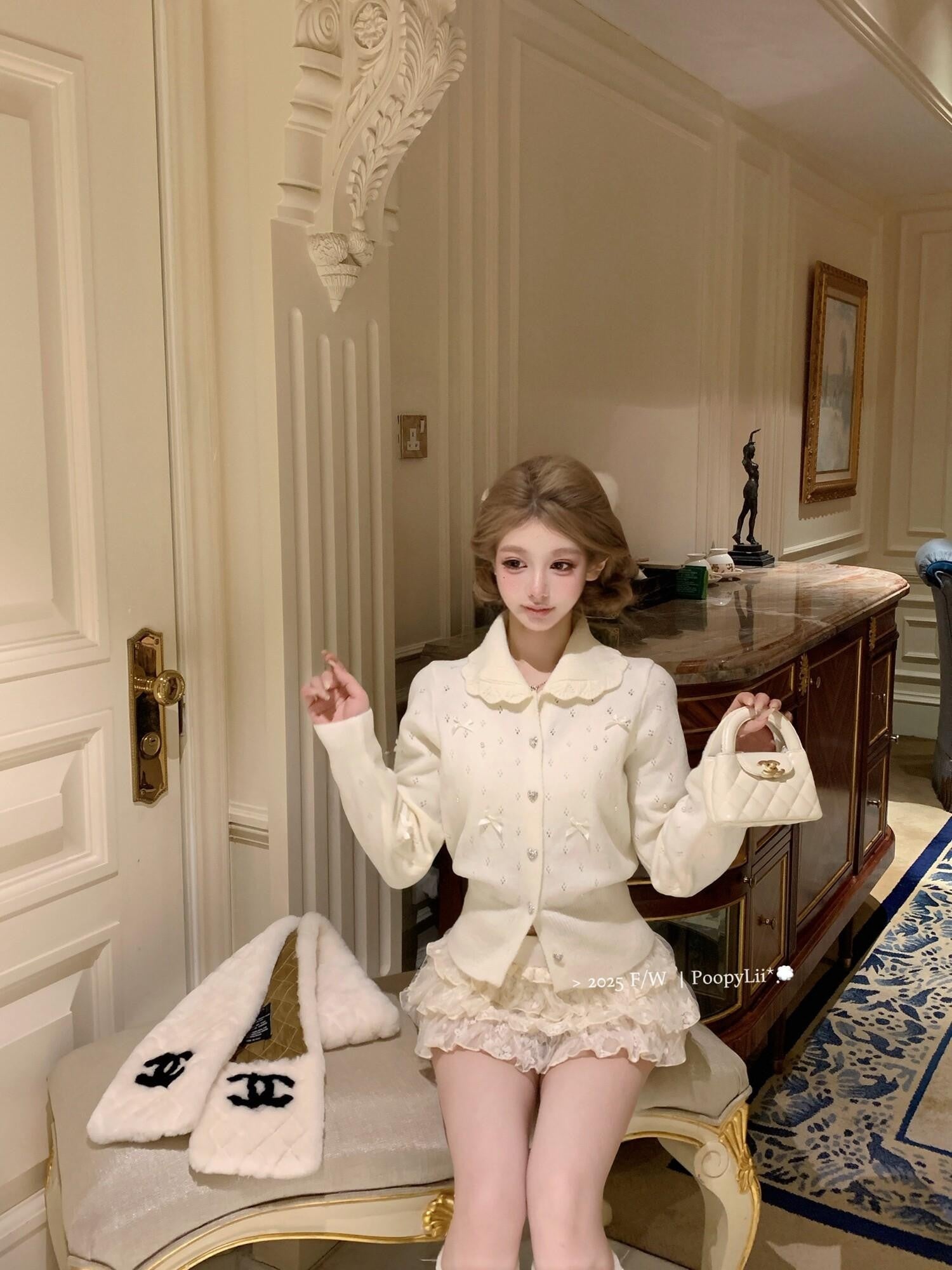 PoopyLii Princess Doll Collar Bow Knit Women's Acrylic Nylon Long Sleeve T-shirts