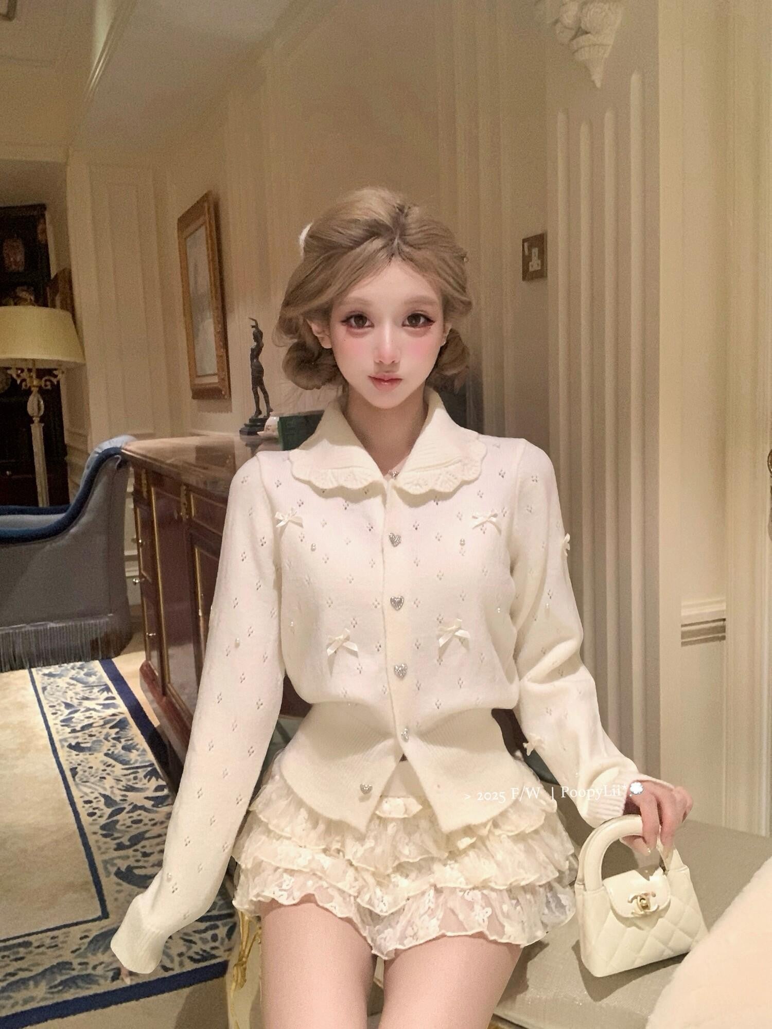 PoopyLii Princess Doll Collar Bow Knit Women's Acrylic Nylon Long Sleeve T-shirts