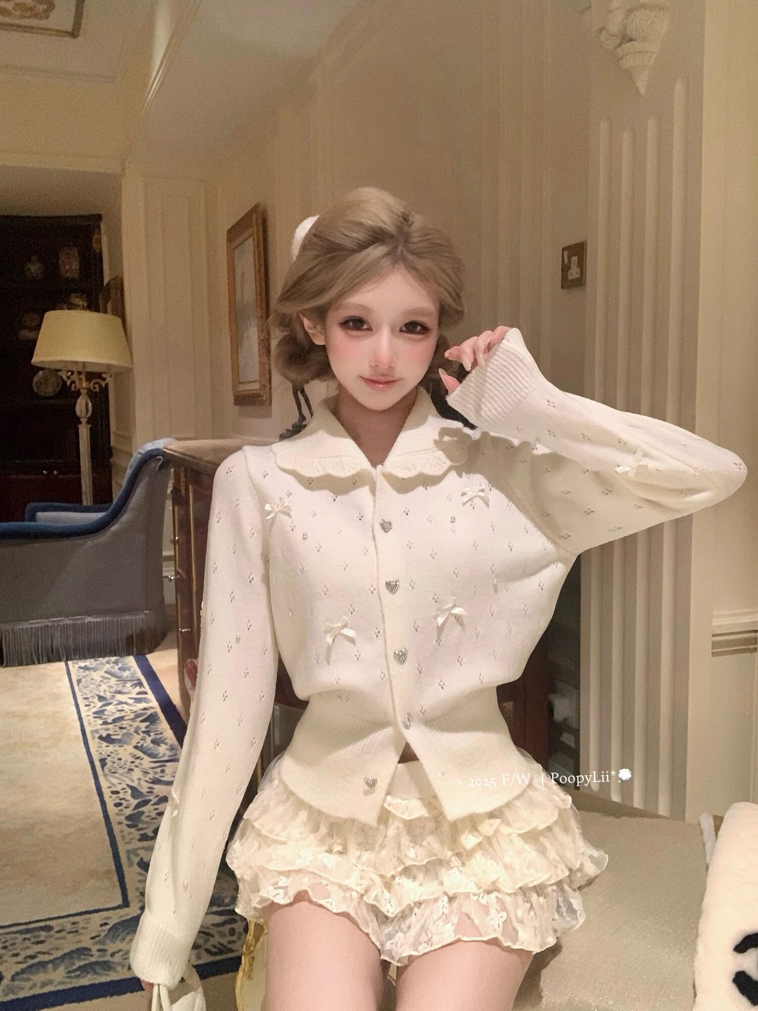 PoopyLii Princess Doll Collar Bow Knit Women's Acrylic Nylon Long Sleeve T-shirts
