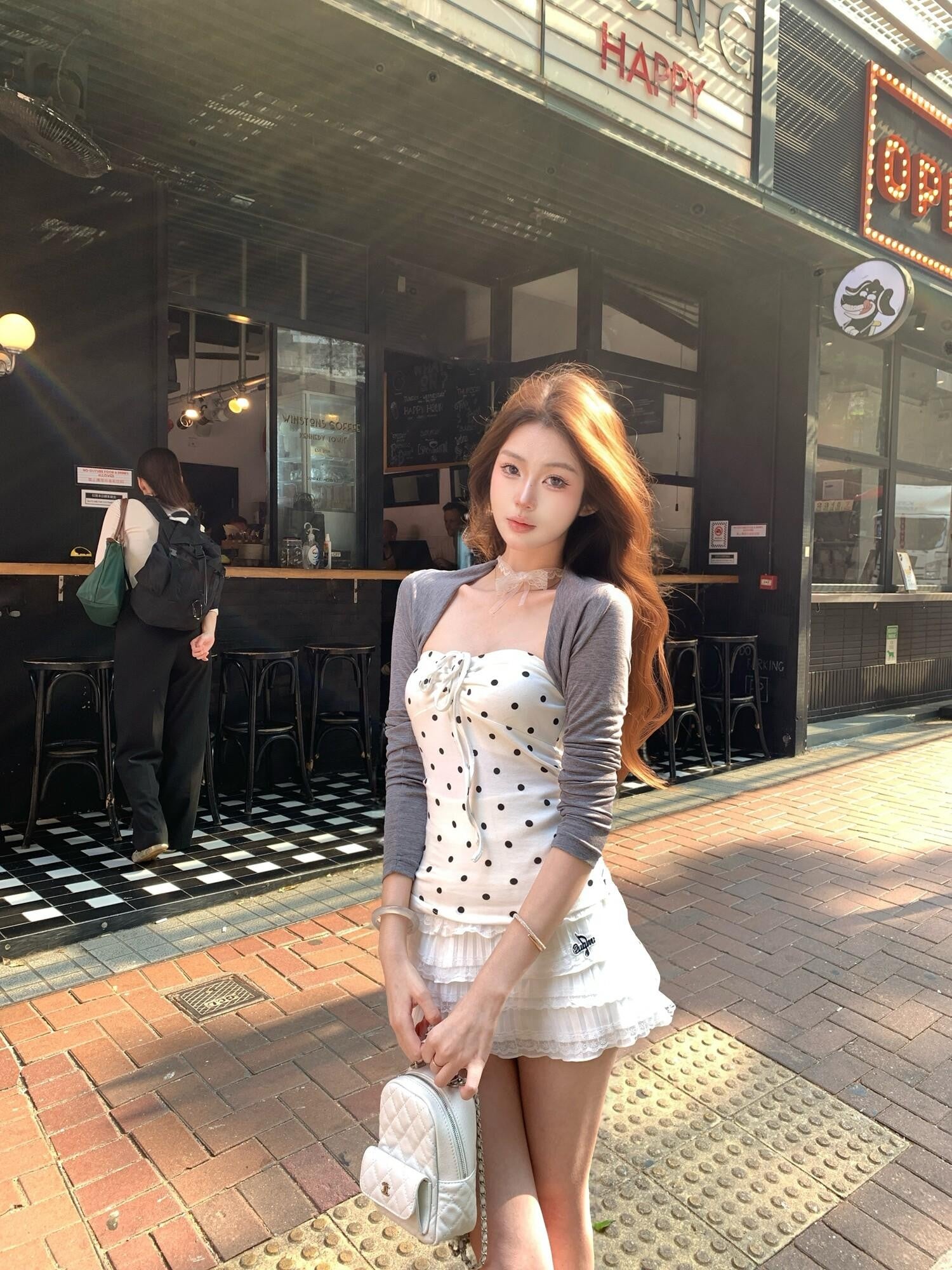 PoopyLii Princess Polka Dot Shawl Sleeve Women's Two Piece Set Tube Tops
