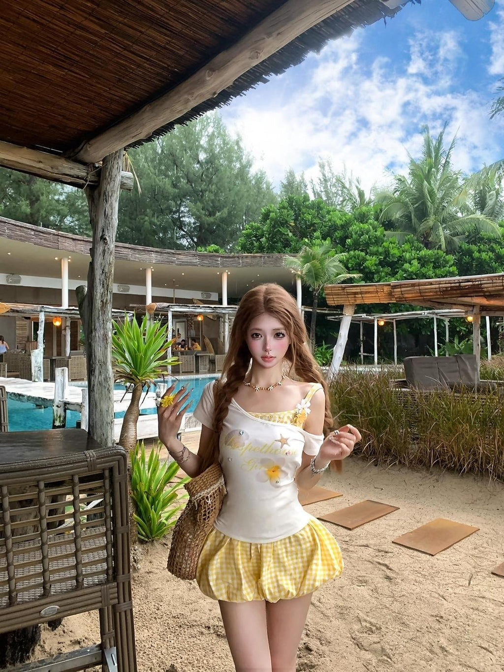 PoopyLii Printed Faux Layered Short Sleeve Asymmetric Neck Women's Cotton Matching Skirt Sets