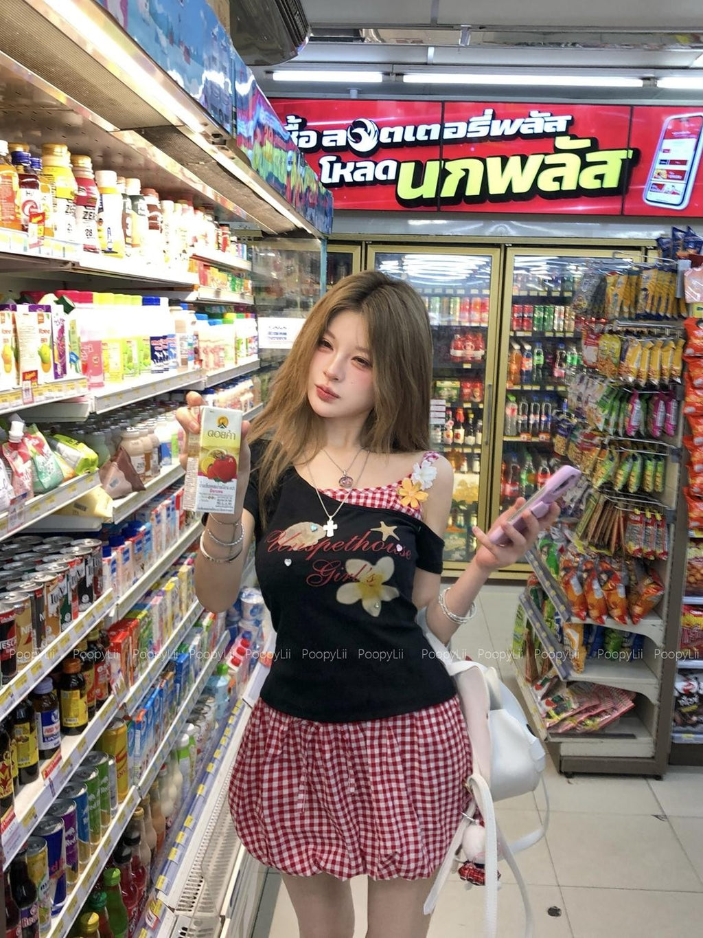 PoopyLii Printed Faux Layered Short Sleeve Asymmetric Neck Women's Cotton Matching Skirt Sets