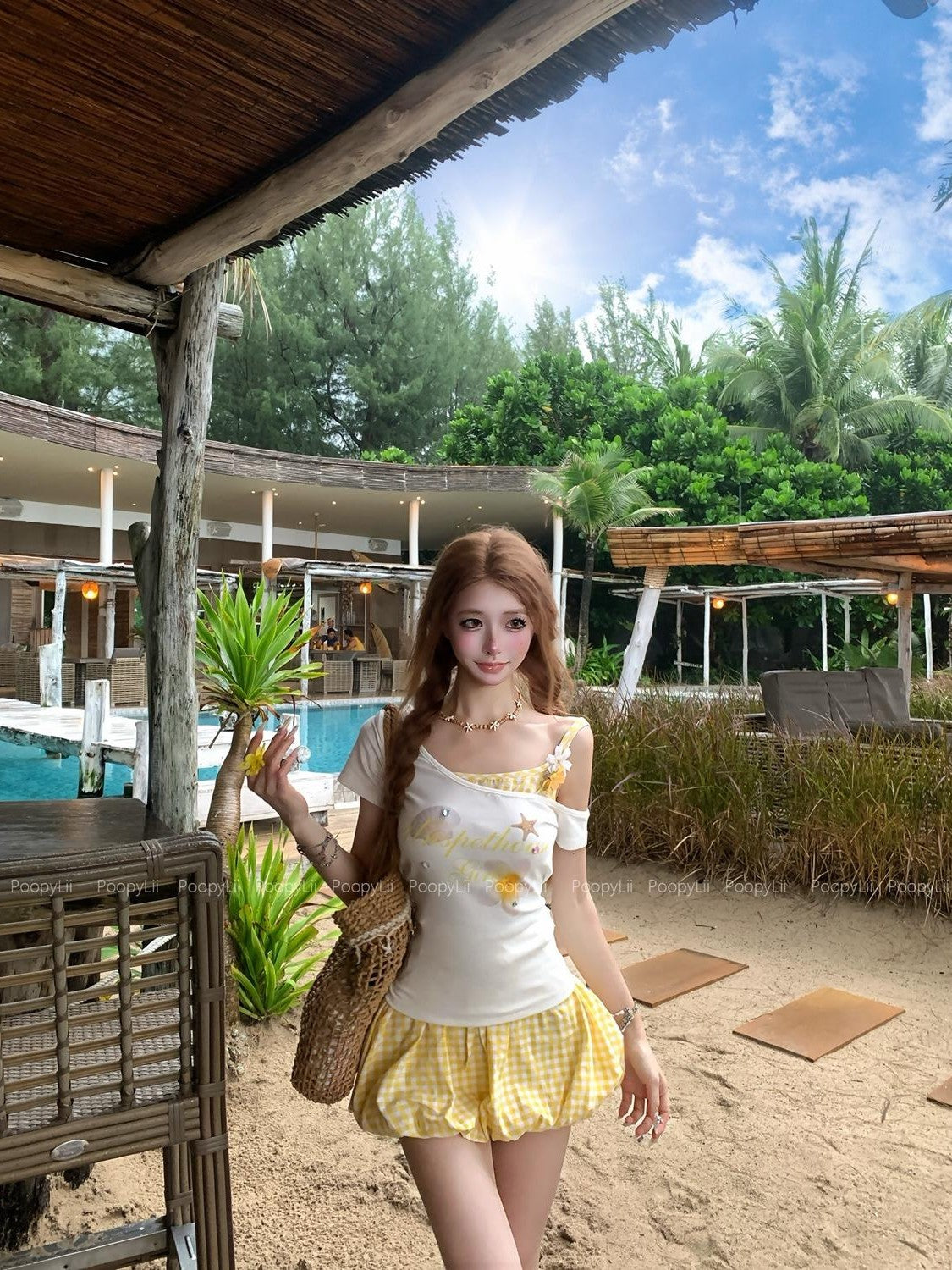PoopyLii Printed Faux Layered Short Sleeve Asymmetric Neck Women's Cotton Matching Skirt Sets