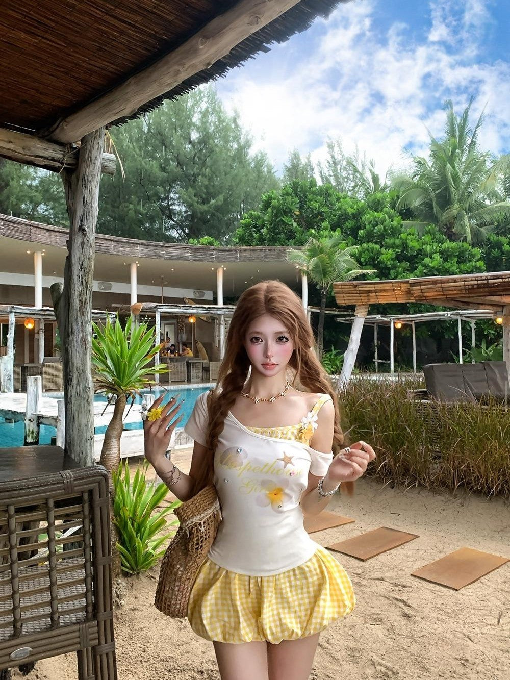 PoopyLii Printed Faux Layered Short Sleeve Asymmetric Neck Women's Cotton Matching Skirt Sets