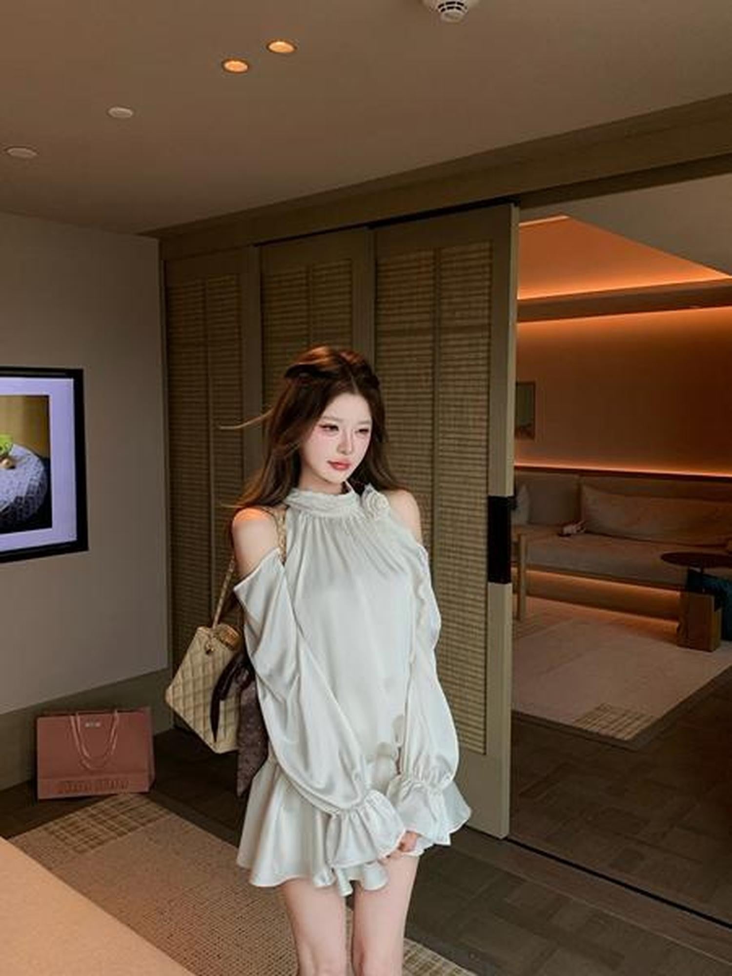 PoopyLii Puffy Ruffle Halter Spliced High Waist Women's Apricot Pink Matching Skirt Sets