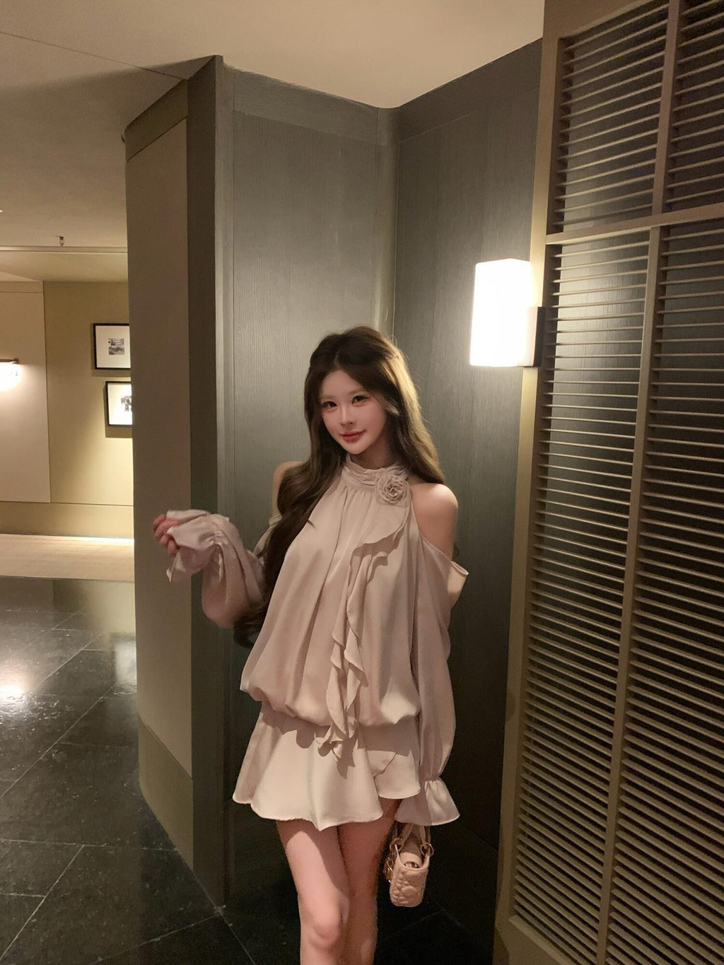 PoopyLii Puffy Ruffle Halter Spliced High Waist Women's Apricot Pink Matching Skirt Sets