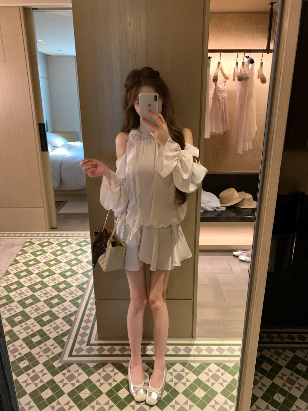 PoopyLii Puffy Ruffle Halter Spliced High Waist Women's Apricot Pink Matching Skirt Sets