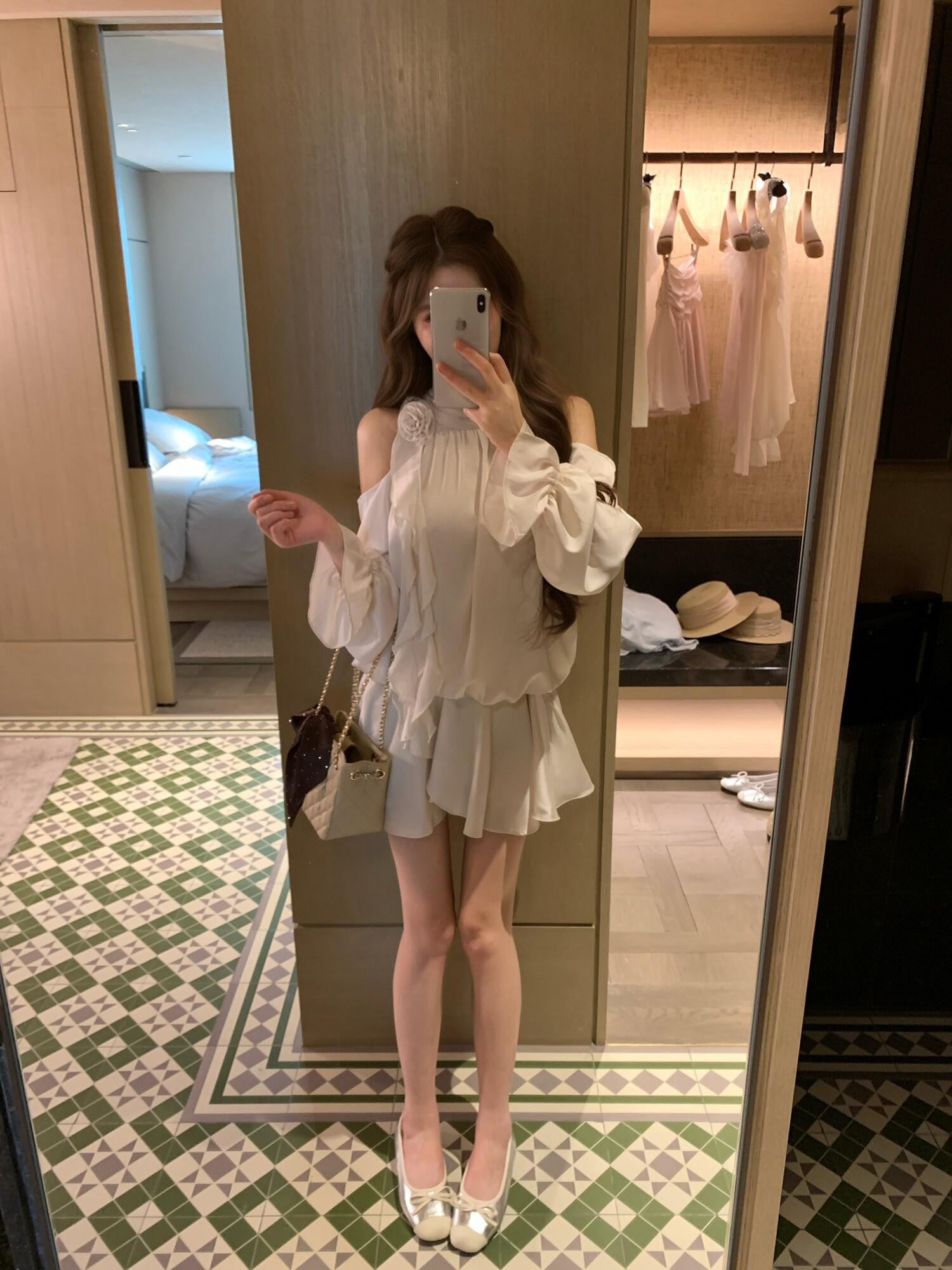 PoopyLii Puffy Ruffle Halter Spliced High Waist Women's Apricot Pink Matching Skirt Sets