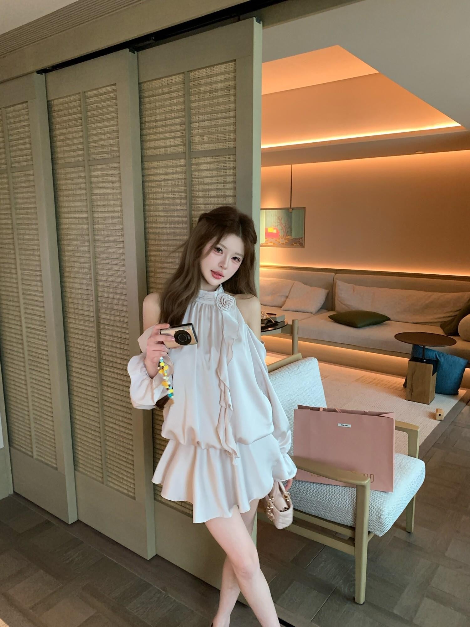 PoopyLii Puffy Ruffle Halter Spliced High Waist Women's Apricot Pink Matching Skirt Sets