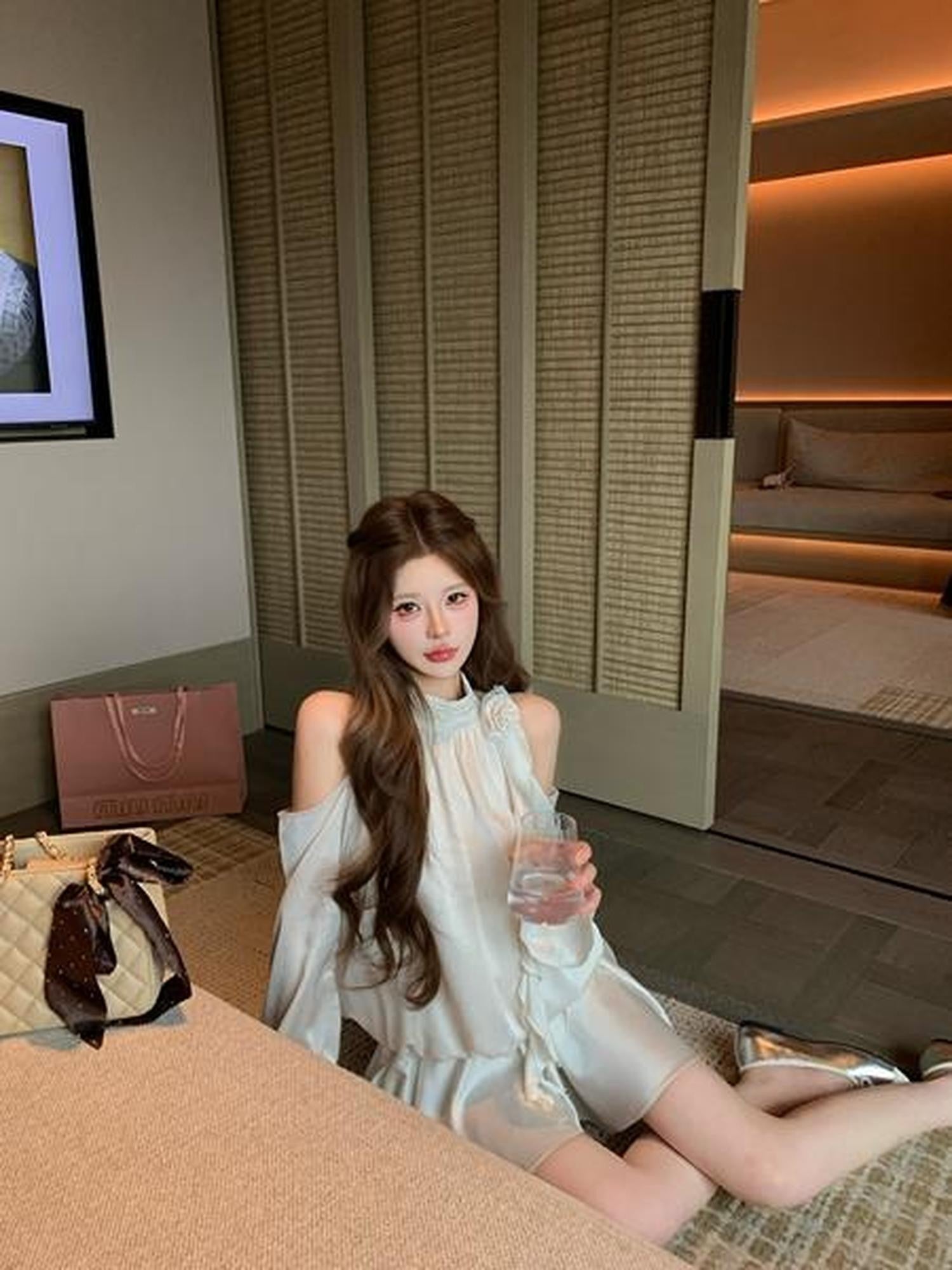 PoopyLii Puffy Ruffle Halter Spliced High Waist Women's Apricot Pink Matching Skirt Sets