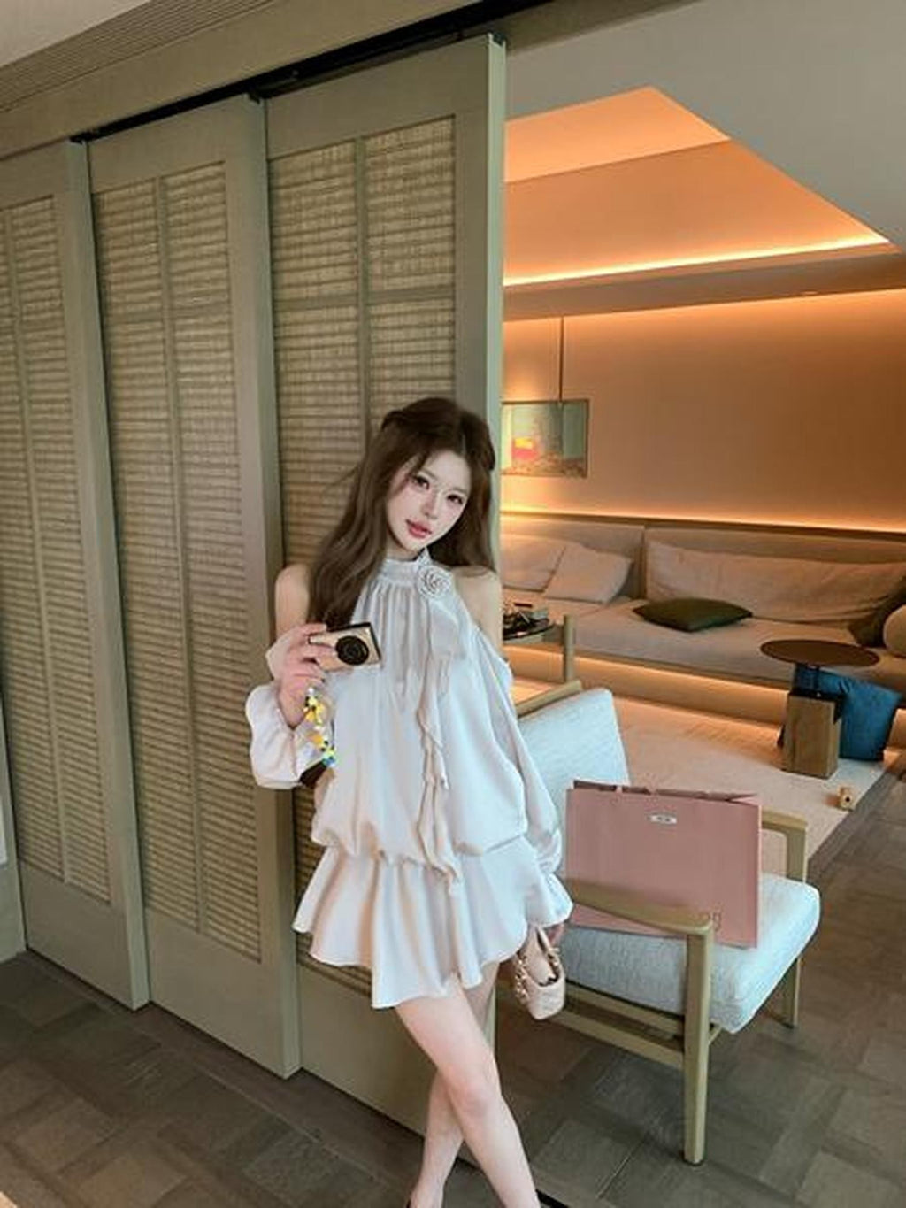 PoopyLii Puffy Ruffle Halter Spliced High Waist Women's Apricot Pink Matching Skirt Sets