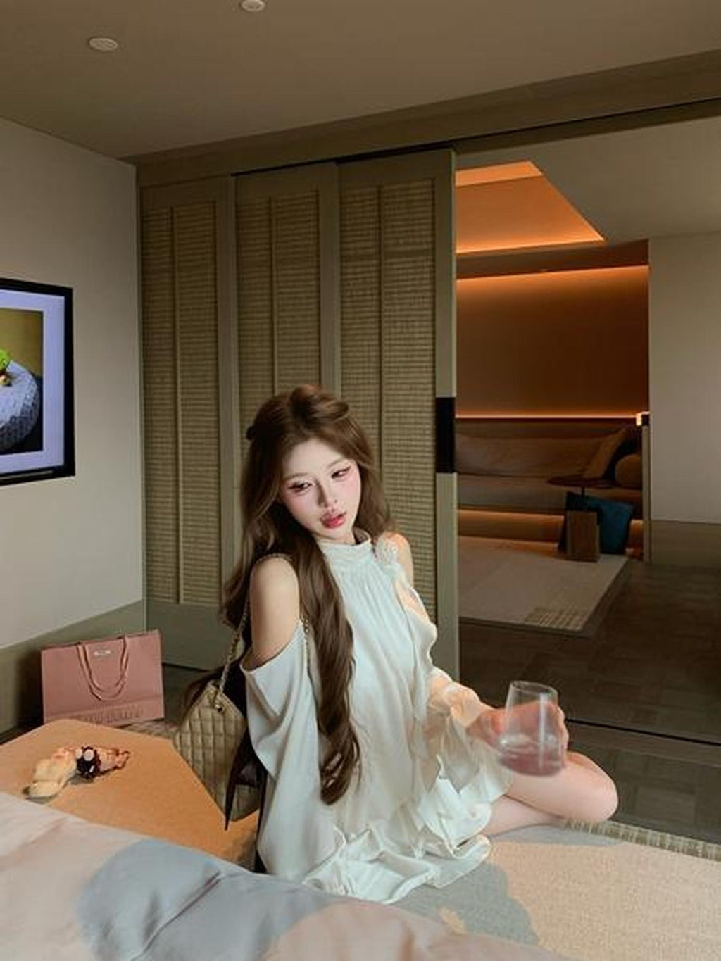 PoopyLii Puffy Ruffle Halter Spliced High Waist Women's Apricot Pink Matching Skirt Sets