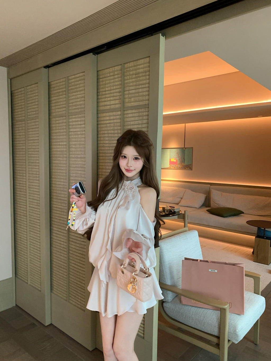 PoopyLii Puffy Ruffle Halter Spliced High Waist Women's Apricot Pink Matching Skirt Sets