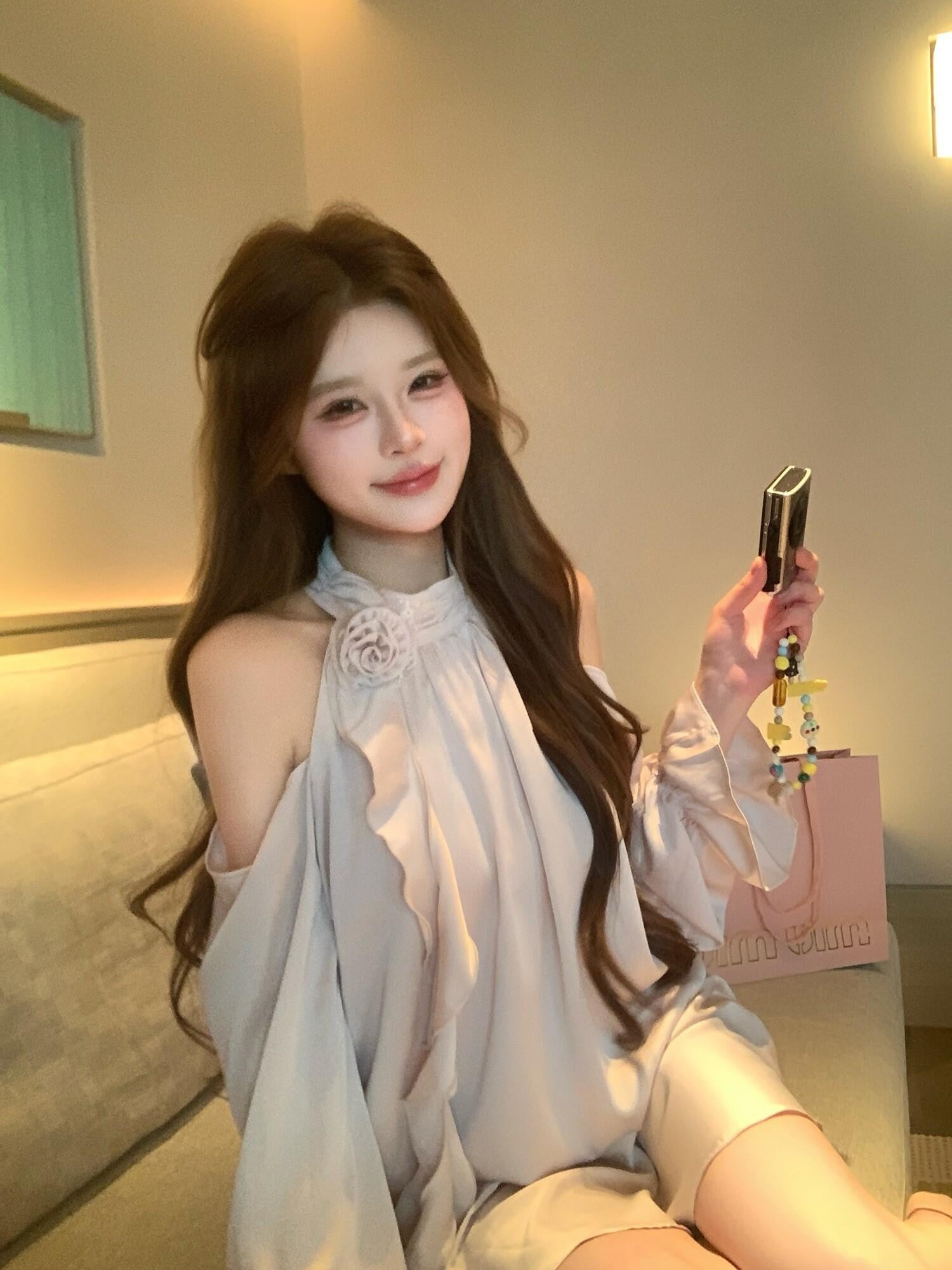 PoopyLii Puffy Ruffle Halter Spliced High Waist Women's Apricot Pink Matching Skirt Sets
