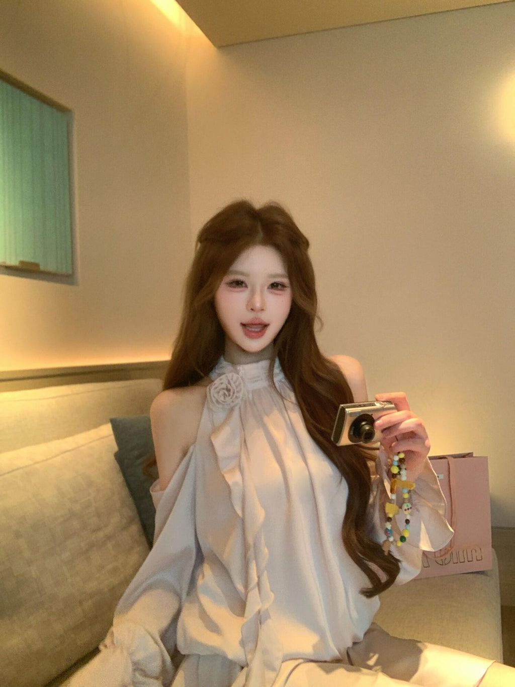 PoopyLii Puffy Ruffle Halter Spliced High Waist Women's Apricot Pink Matching Skirt Sets