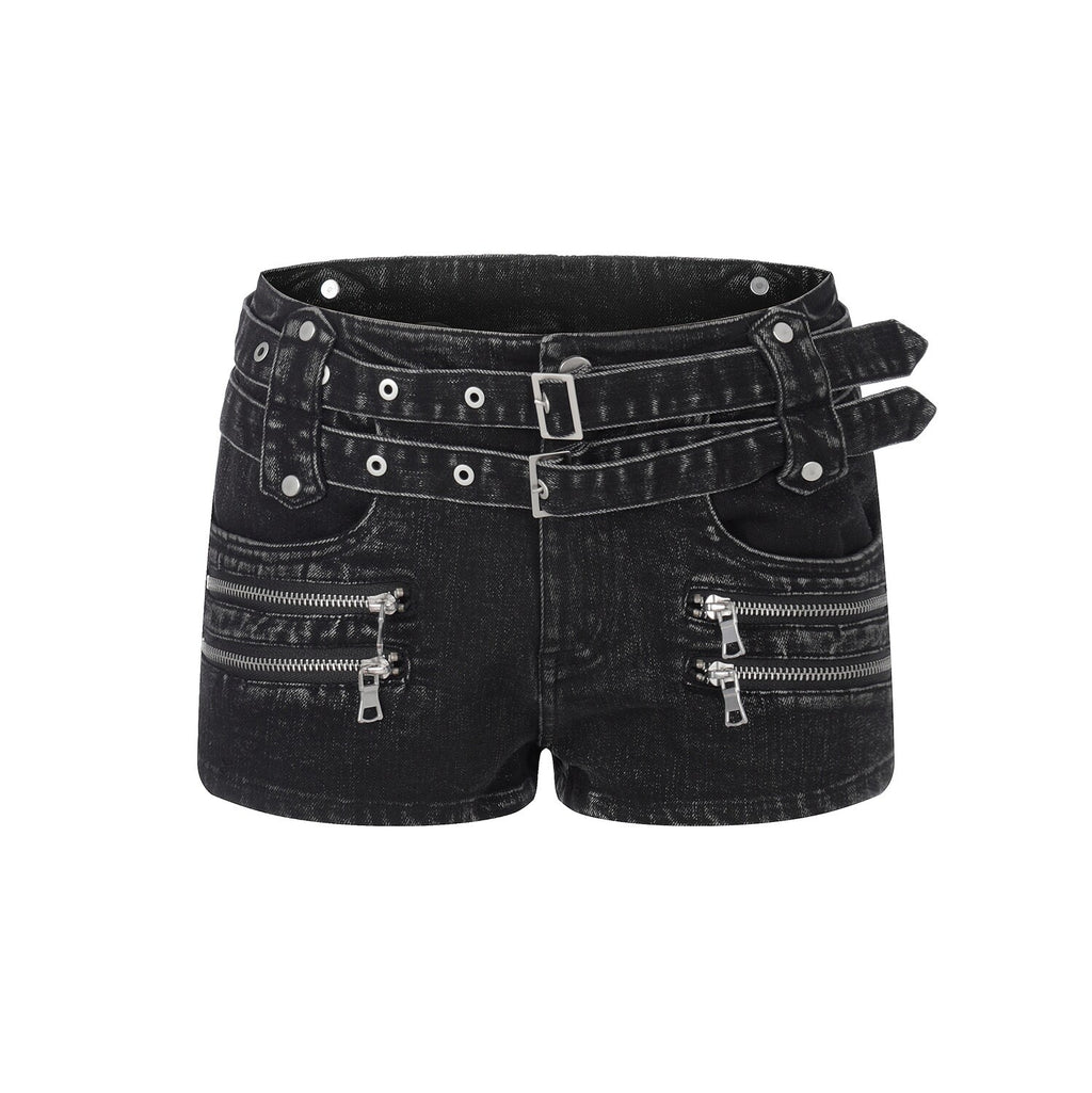 PoopyLii_Punk_Double_Belt_Multi_Zipper_Low_Waist_Women's_Washed_Denim_Shorts_1057453266940_MISSTT