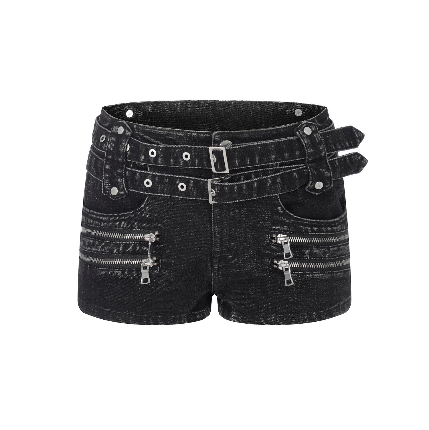 PoopyLii_Punk_Double_Belt_Multi_Zipper_Low_Waist_Women's_Washed_Denim_Shorts_1057453266940_MISSTT