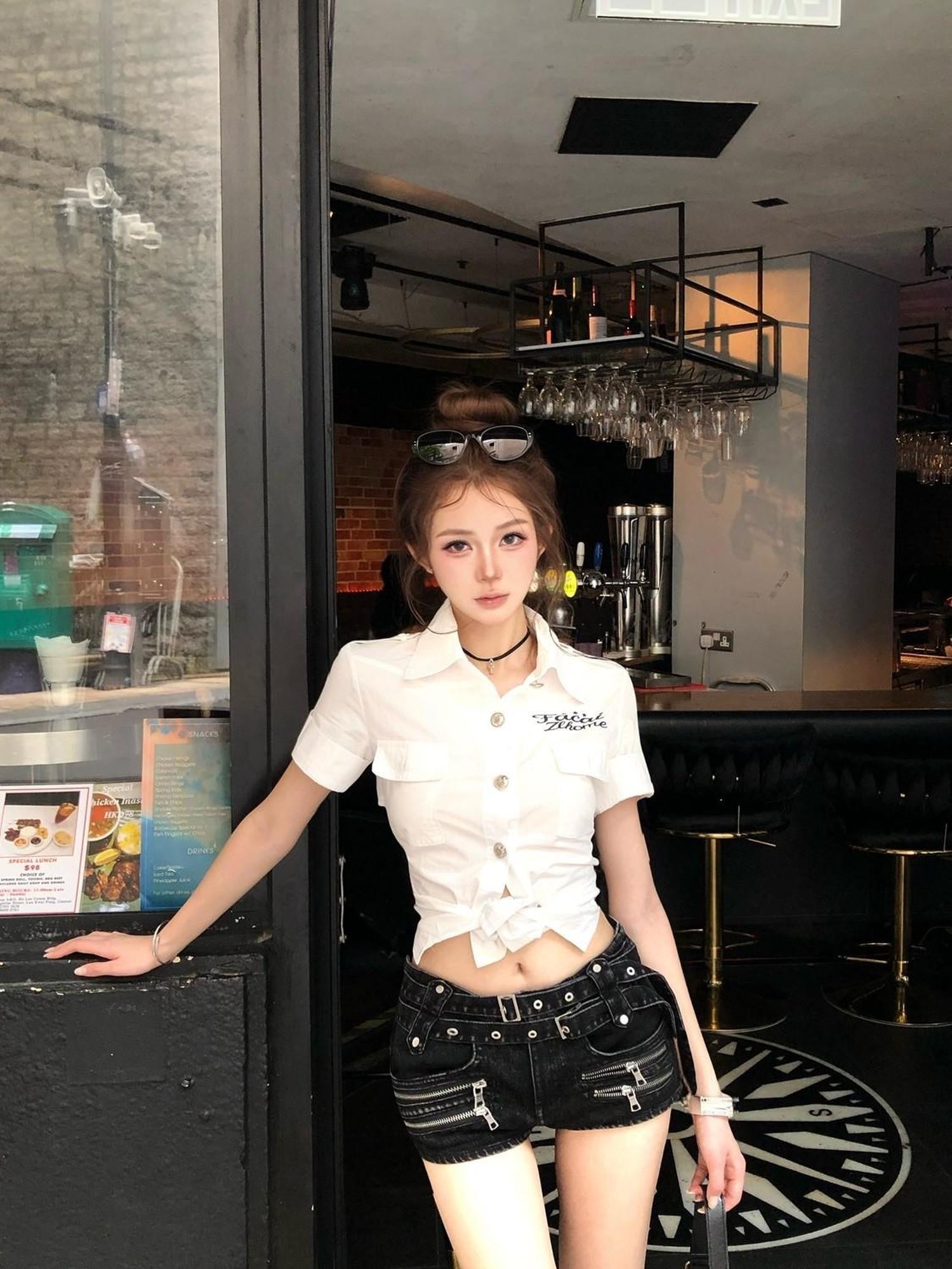 PoopyLii Punk Double Belt Multi Zipper Low Waist Women's Washed Denim Shorts