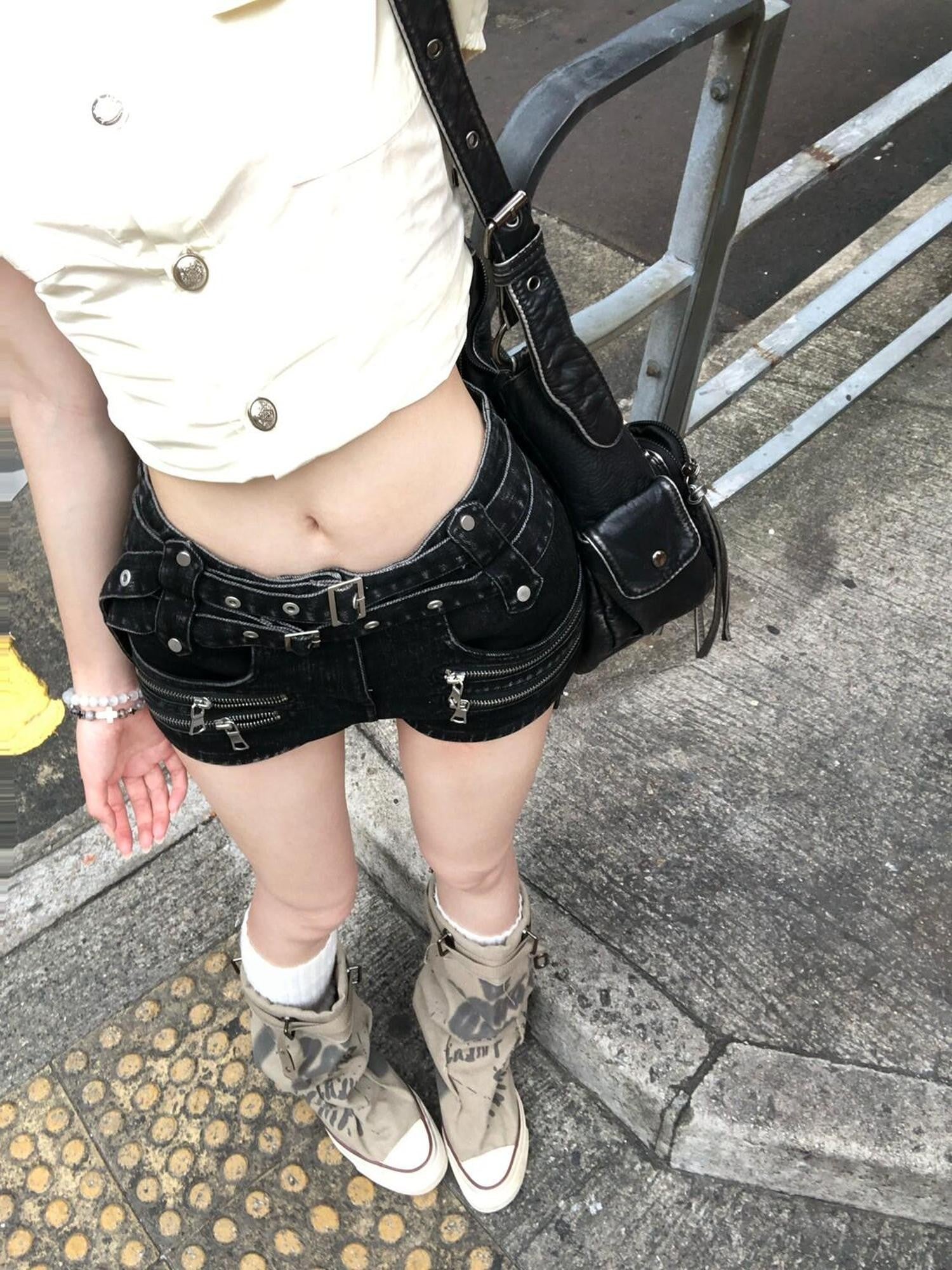 PoopyLii Punk Double Belt Multi Zipper Low Waist Women's Washed Denim Shorts