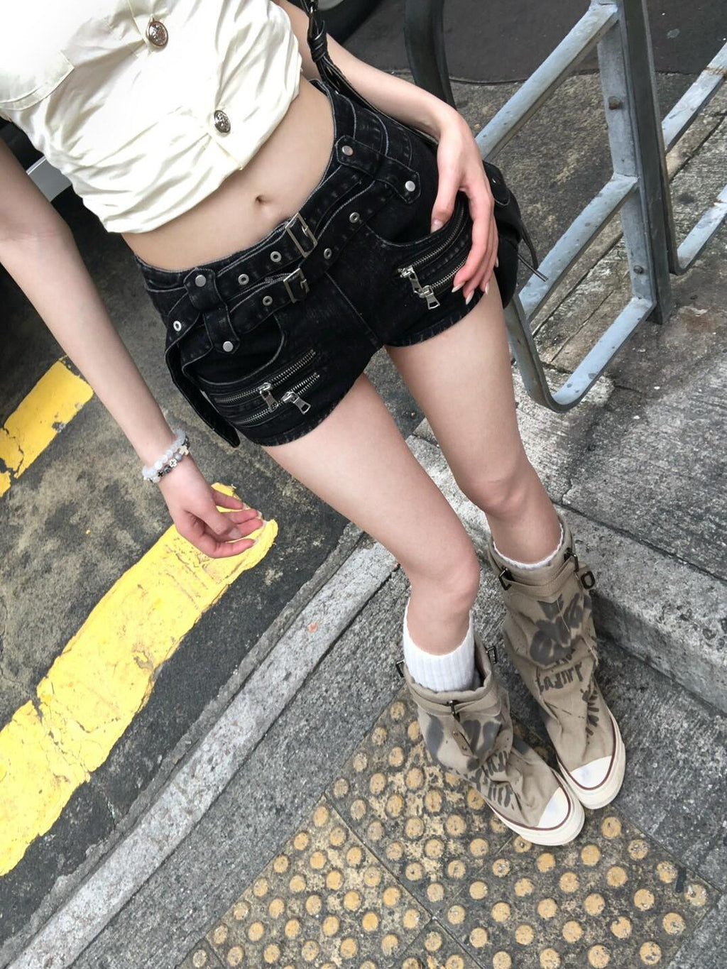 PoopyLii Punk Double Belt Multi Zipper Low Waist Women's Washed Denim Shorts
