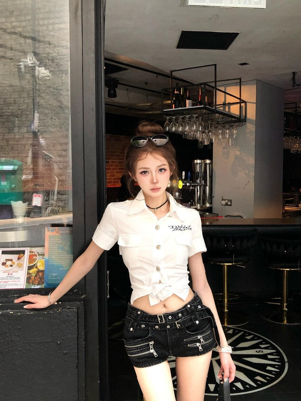 PoopyLii Punk Double Belt Multi Zipper Low Waist Women's Washed Denim Shorts
