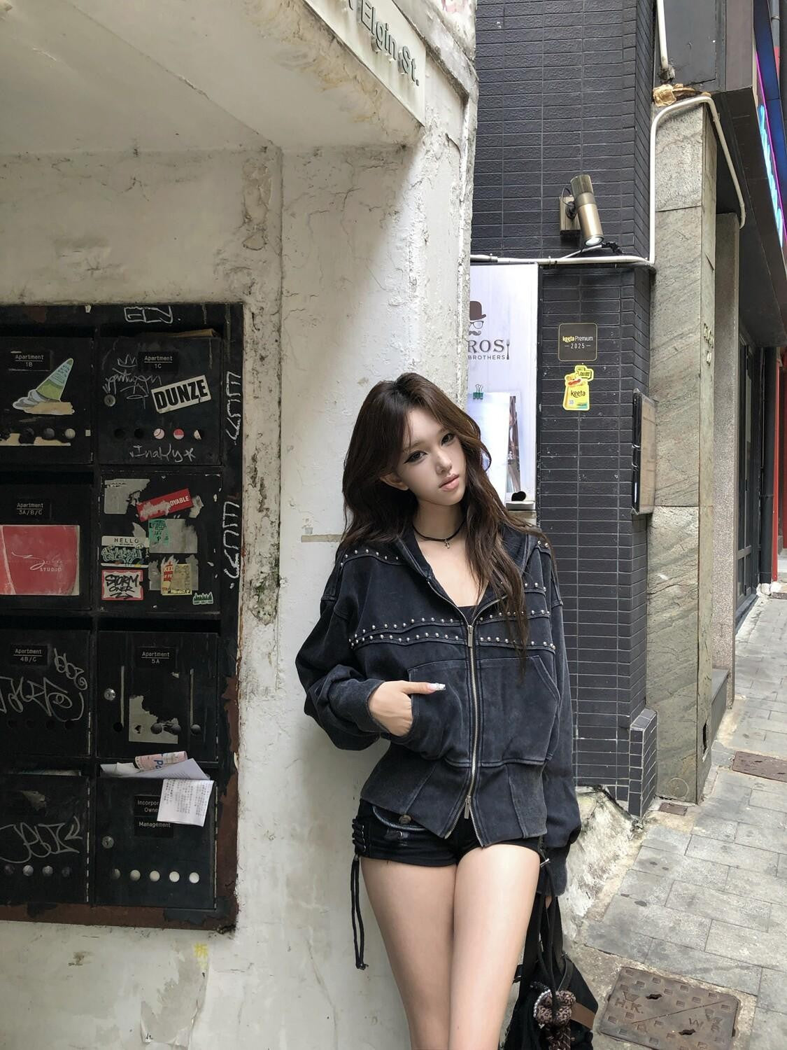 PoopyLii Punk Studded Distressed Waist Cinched Women's Zip-up Hoodies
