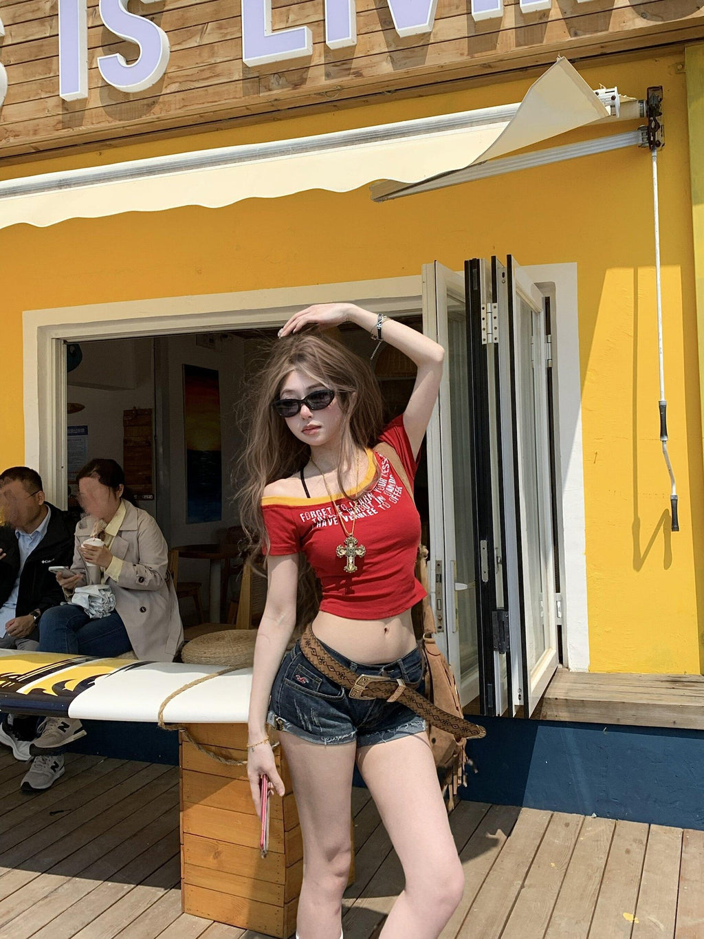 PoopyLii Retro Asymmetric Off Shoulder Short Sleeve Fitted Waist Women's Crop Tops