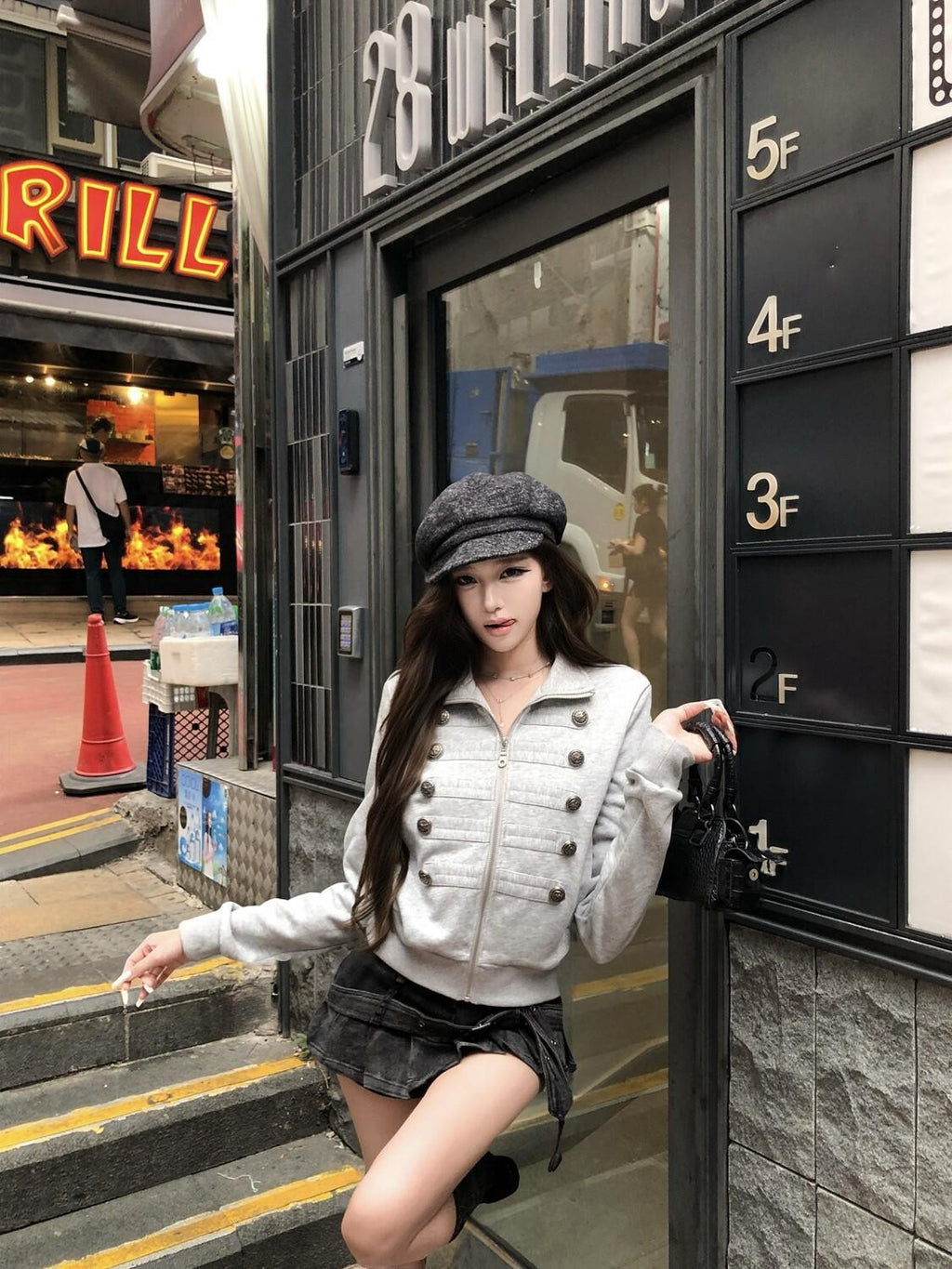 PoopyLii Retro Punk Stand Collar Epaulet Double Breasted Women's Casual Jackets